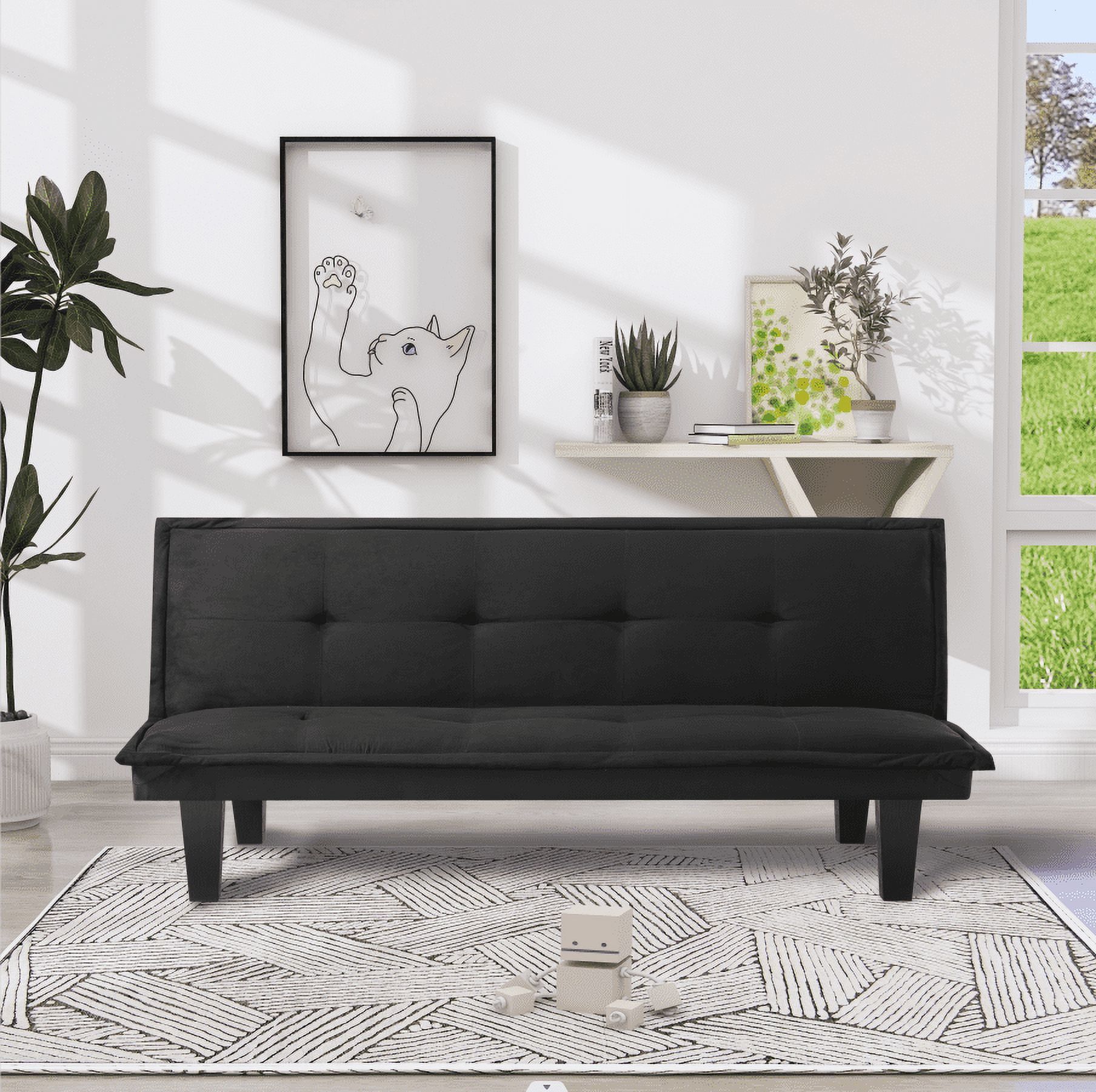 Bshti Futon Sofa Bed , 63.8'' Black Faux Suede Convertible Sofa Couch For  Living Rooms, Apartments, And Offices. – Walmart Regarding Black Faux Suede Memory Foam Sofas (Photo 11 of 15)