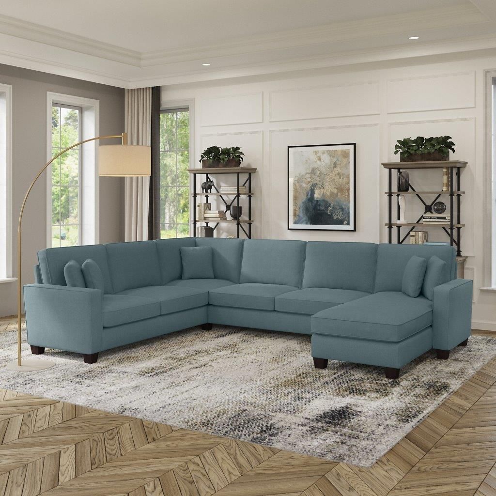 Bush Furniture Stockton 128w U Shaped Sectional Couch With Reversible Chaise  Lounge In Turkish Blue Herringbone | 1stopbedrooms Within Reversible Sectional Sofas (Photo 14 of 15)