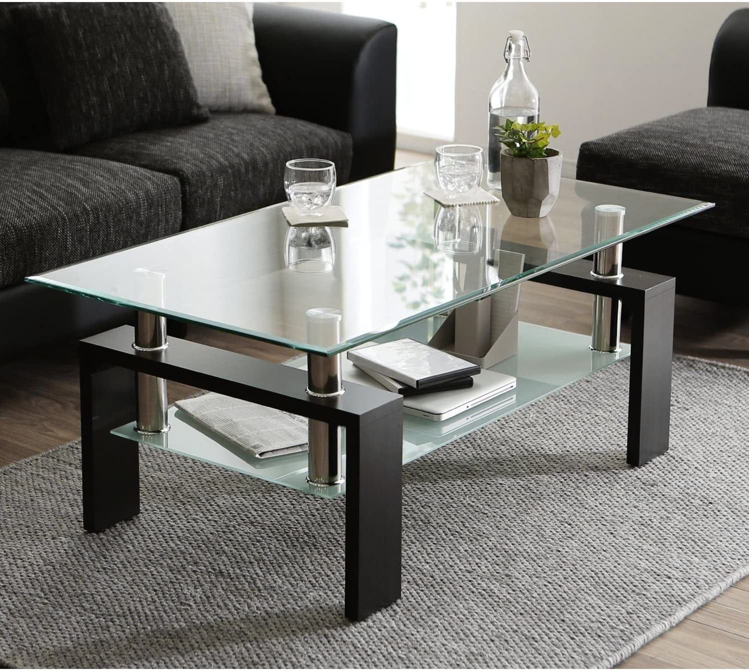 Buy Clear Rectangle Modern Glass Coffee Table With Lower Shelf, Metal In Glass Coffee Tables With Lower Shelves (Photo 1 of 15)