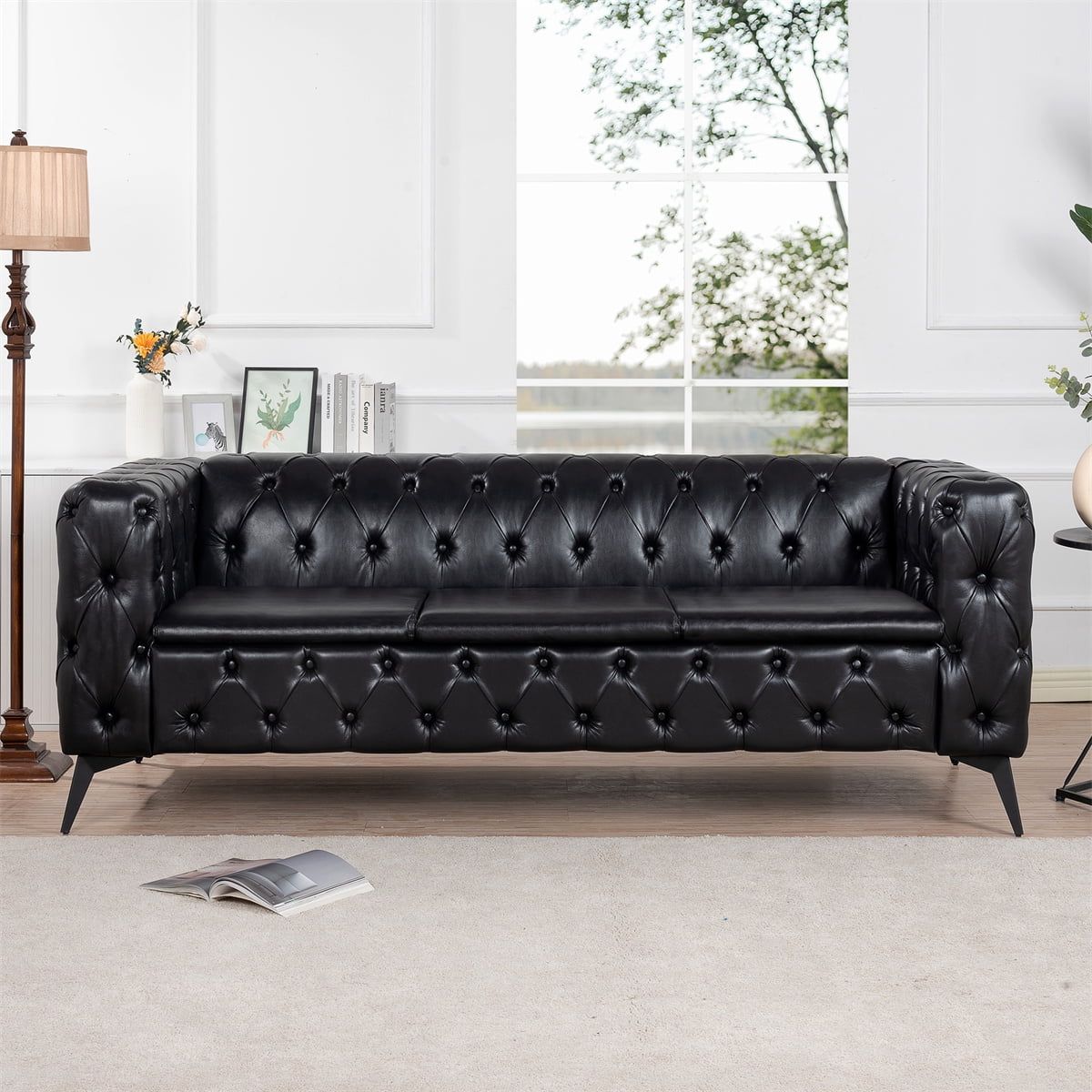 Chesterfield 3 Seater Couch,retro Classic Faux Leather Sofa,upholstered 3  Seater Sofa With Removable Cushions,button Tufted Large Sofa With Metal  Legs And Square Arms For Living Room Office,black – Walmart For Traditional 3 Seater Faux Leather Sofas (View 15 of 15)