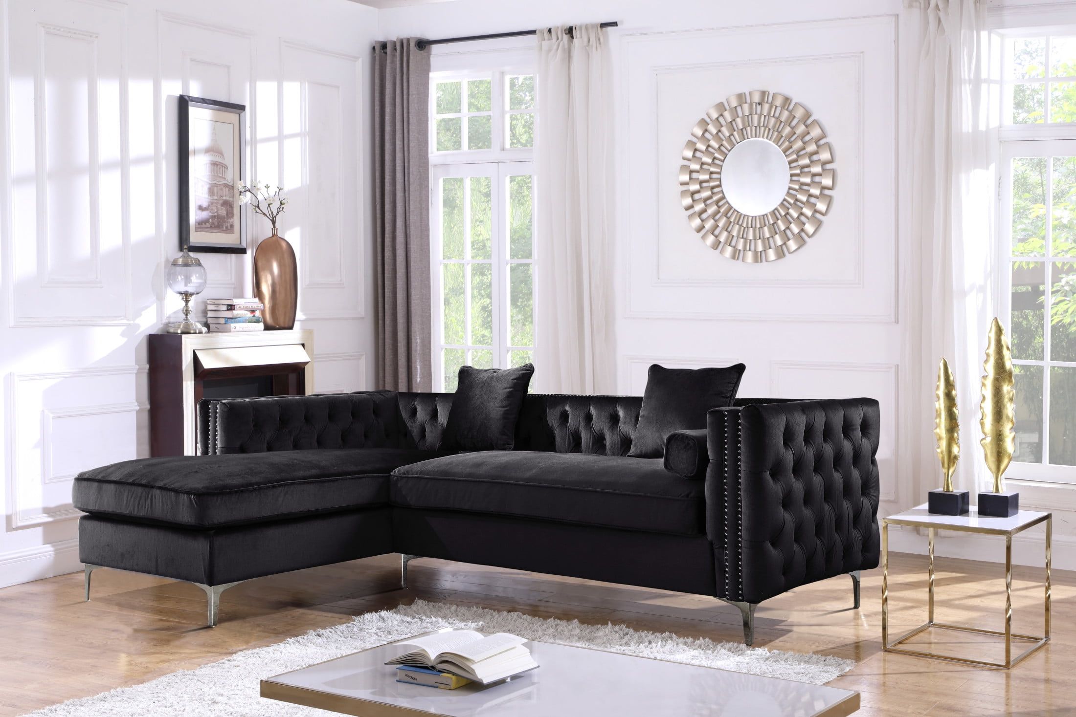Chic Home Monet Velvet Modern Contemporary Button Tufted With Silver  Nailhead Trim Silvertone Metal Y Leg Right Facing Sectional Sofa, Black –  Walmart Within Right Facing Black Sofas (Photo 4 of 15)