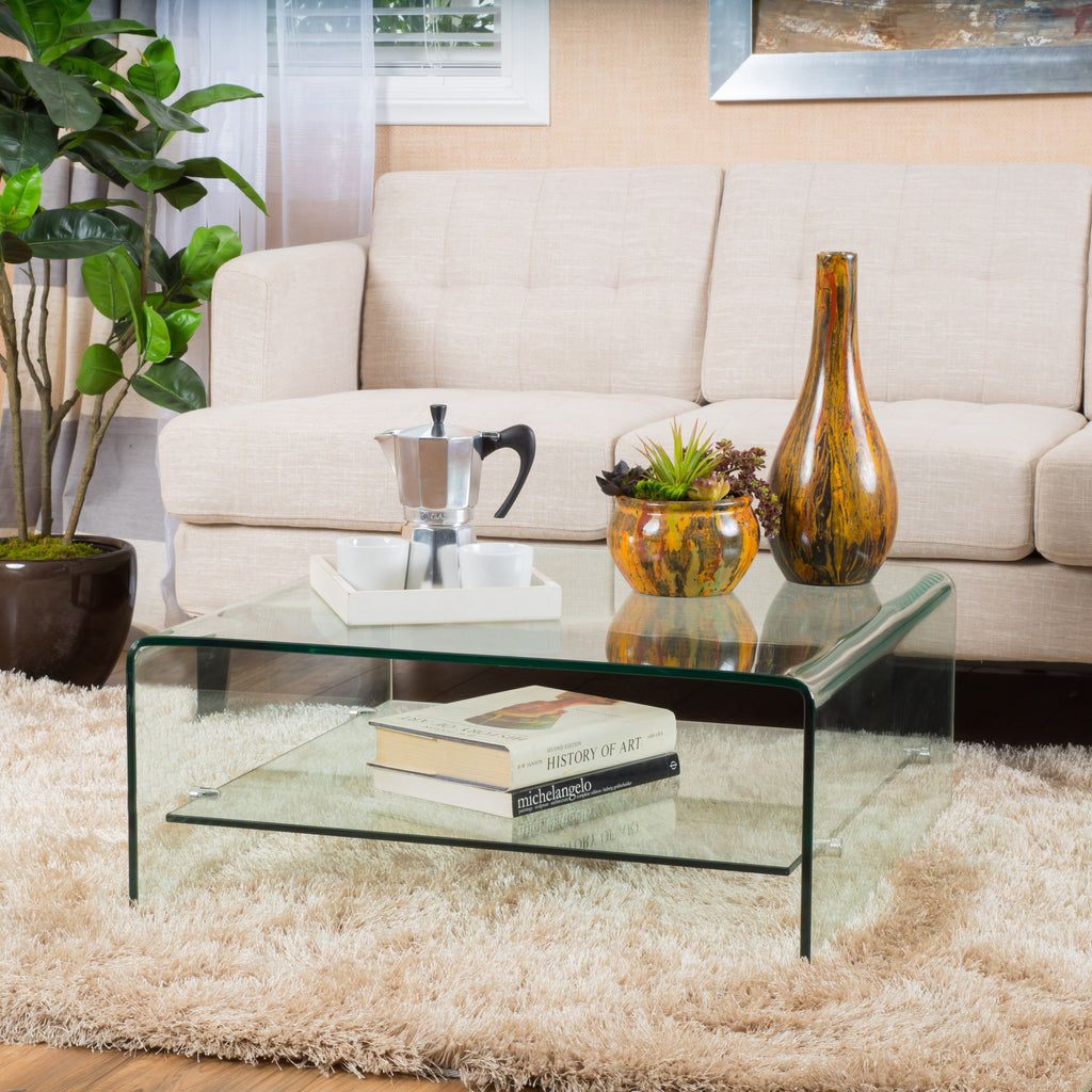 Classon Modern Square Tempered Glass Coffee Table With Shelf – Gdfstudio Throughout Tempered Glass Coffee Tables (Photo 2 of 15)