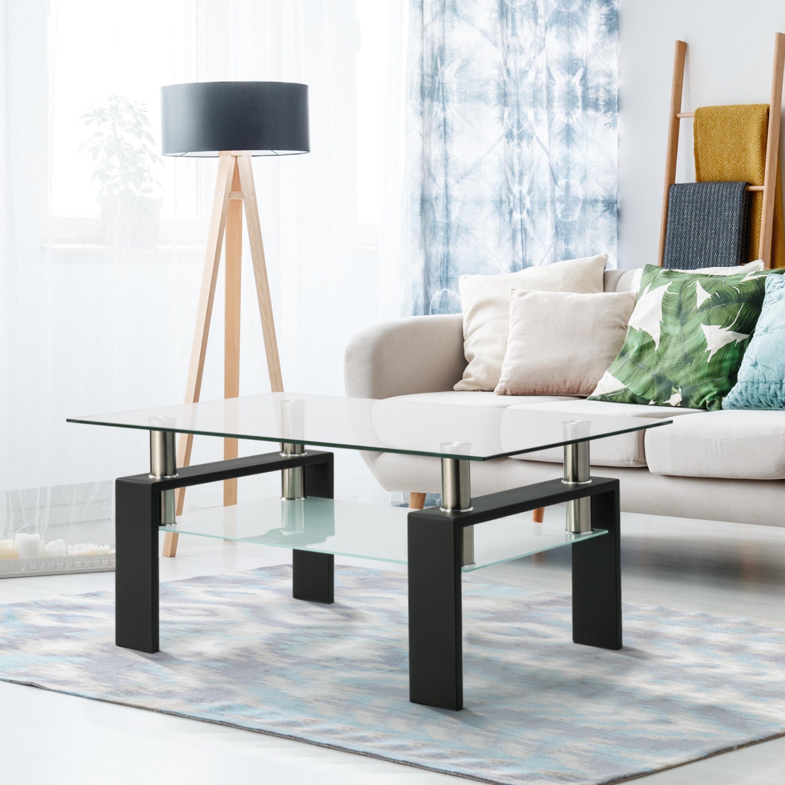 Clear Rectangle Glass Coffee Table With Lower Shelf,moderntable With Intended For Clear Rectangle Center Coffee Tables (Photo 1 of 15)