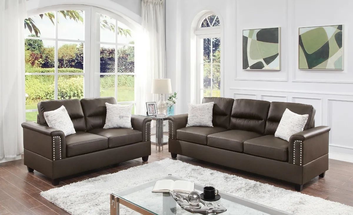 Contemporary Cushion Nailhead Trim 2pcs Sofa Set Sofa Loveseat Espresso  Couch | Ebay Pertaining To Sofas With Nailhead Trim (View 15 of 15)
