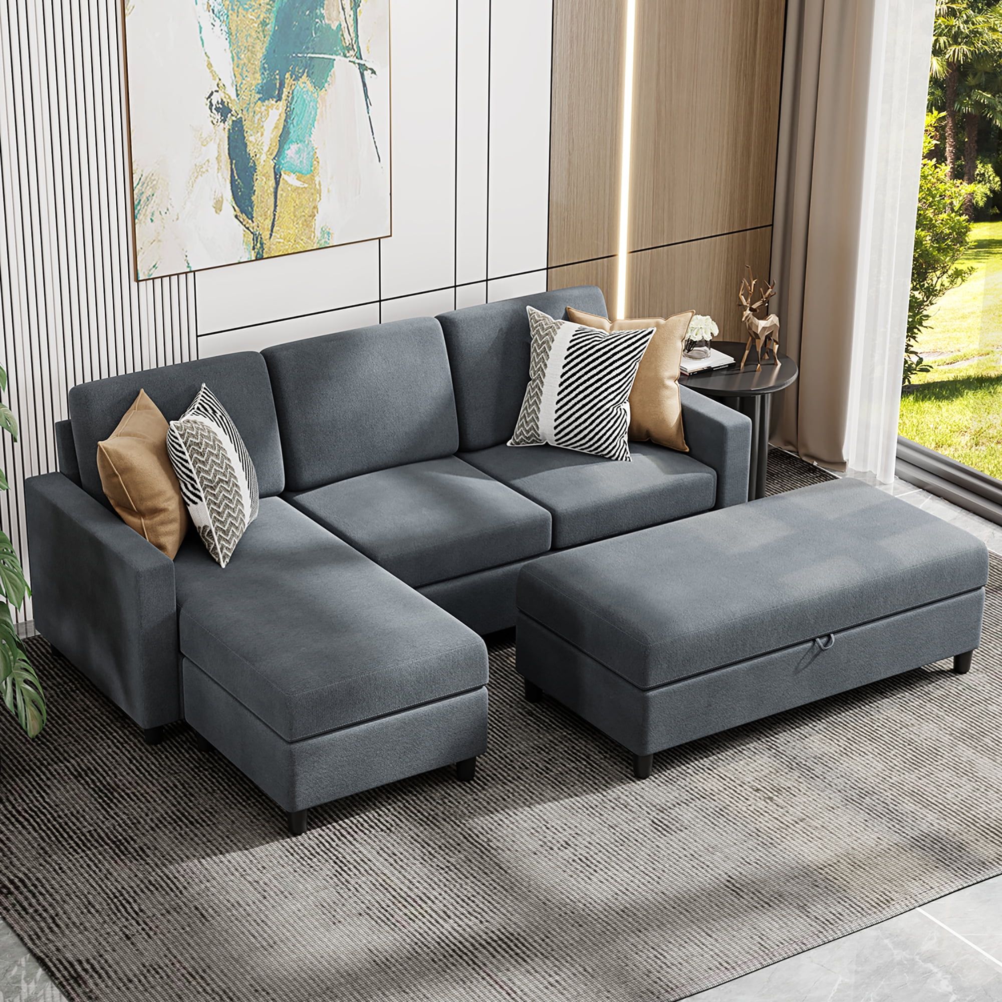 Convertible Sectional Sofa Couch With Storage Ottoman, L Shaped Wide  Reversible Chaise With Linen Fabric(charcoal Grey) – Walmart For Sofas With Ottomans (View 6 of 15)