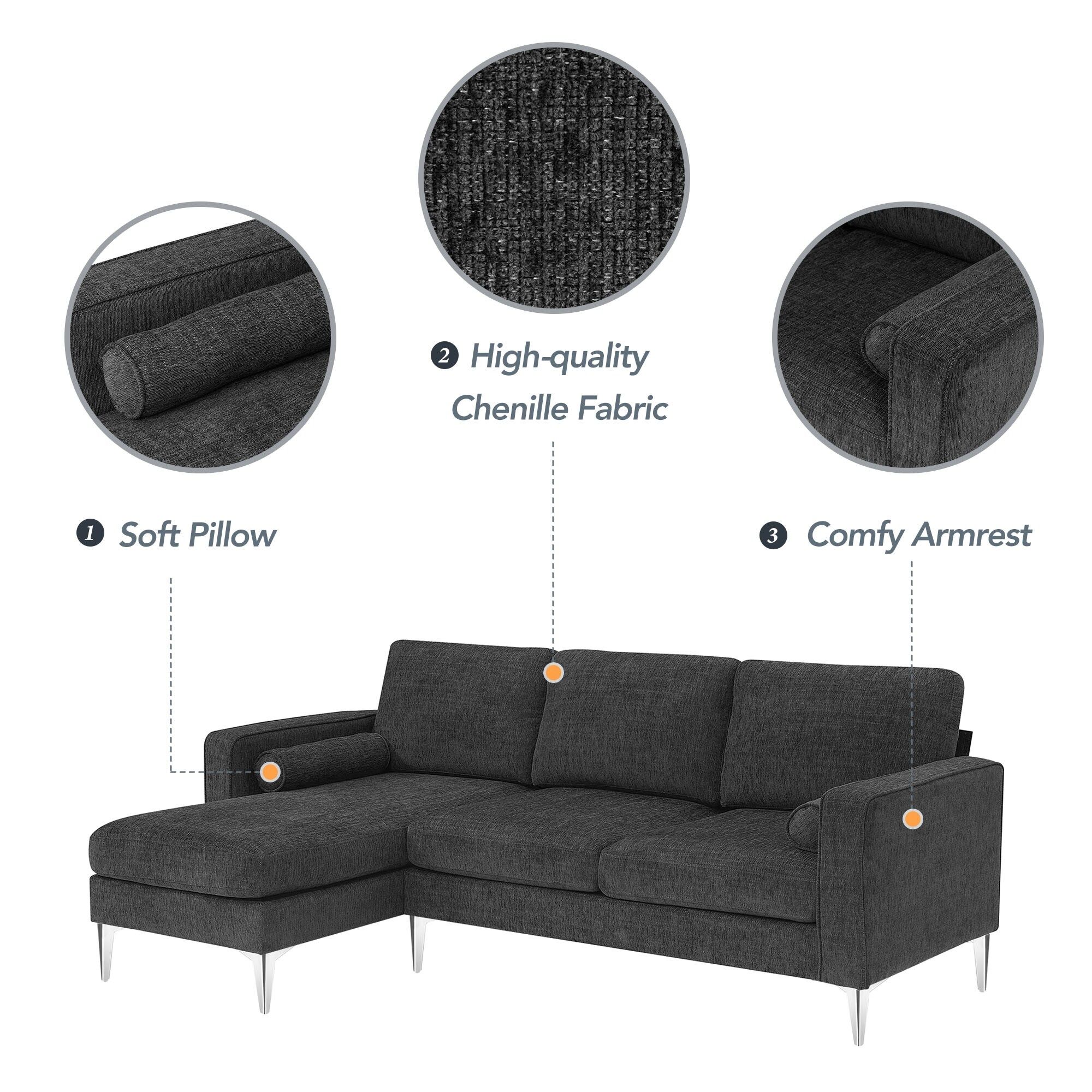 Convertible Sectional Sofa, Modern Chenille Fabric L Shaped 3 Seat Couch  With Reversible Chaise (2 Pillows) – Bed Bath & Beyond – 37552065 Pertaining To 3 Seat L Shaped Sofas In Black (Photo 13 of 15)