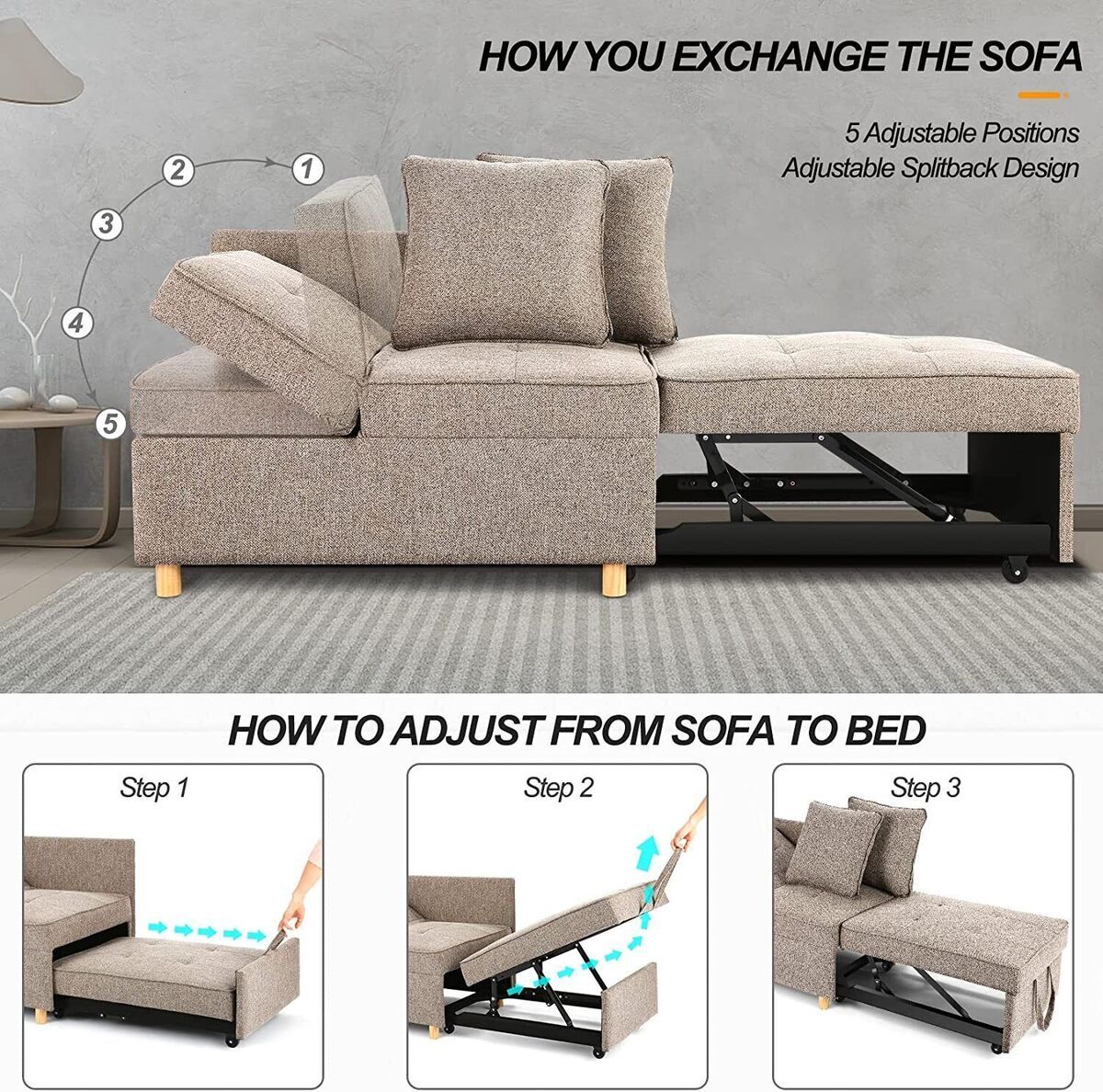 Convertible Sofa Bed 4 In 1 Sofa Beds Chair 3 Seat Futon Sofa , Reclining  Sofa:) | Ebay Pertaining To 8 Seat Convertible Sofas (View 15 of 15)