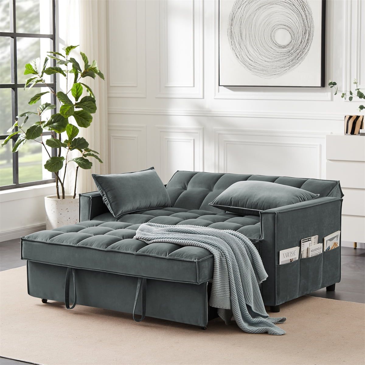 Convertible Sofa Bed With Adjustable Backrest, 2 Seater Loveseat Sofa With  Pull Out Bed, 2 In 1 Velvet Sleeper Couch With Storage Side Pocket For  Living Room Apartment Office, Gray – Walmart With 2 In 1 Gray Pull Out Sofa Beds (Photo 14 of 15)