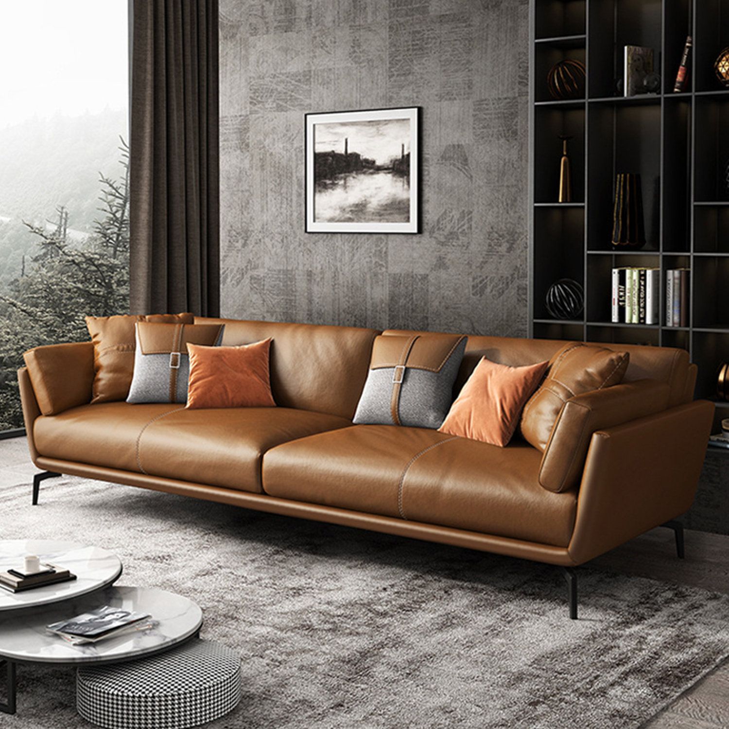 Corrigan Studio® Italian Minimalist 78.74"cowhide Genuine Leather Orange 3 Seat  Sofa For Living Room & Reviews | Wayfair Inside Traditional 3 Seater Faux Leather Sofas (Photo 10 of 15)