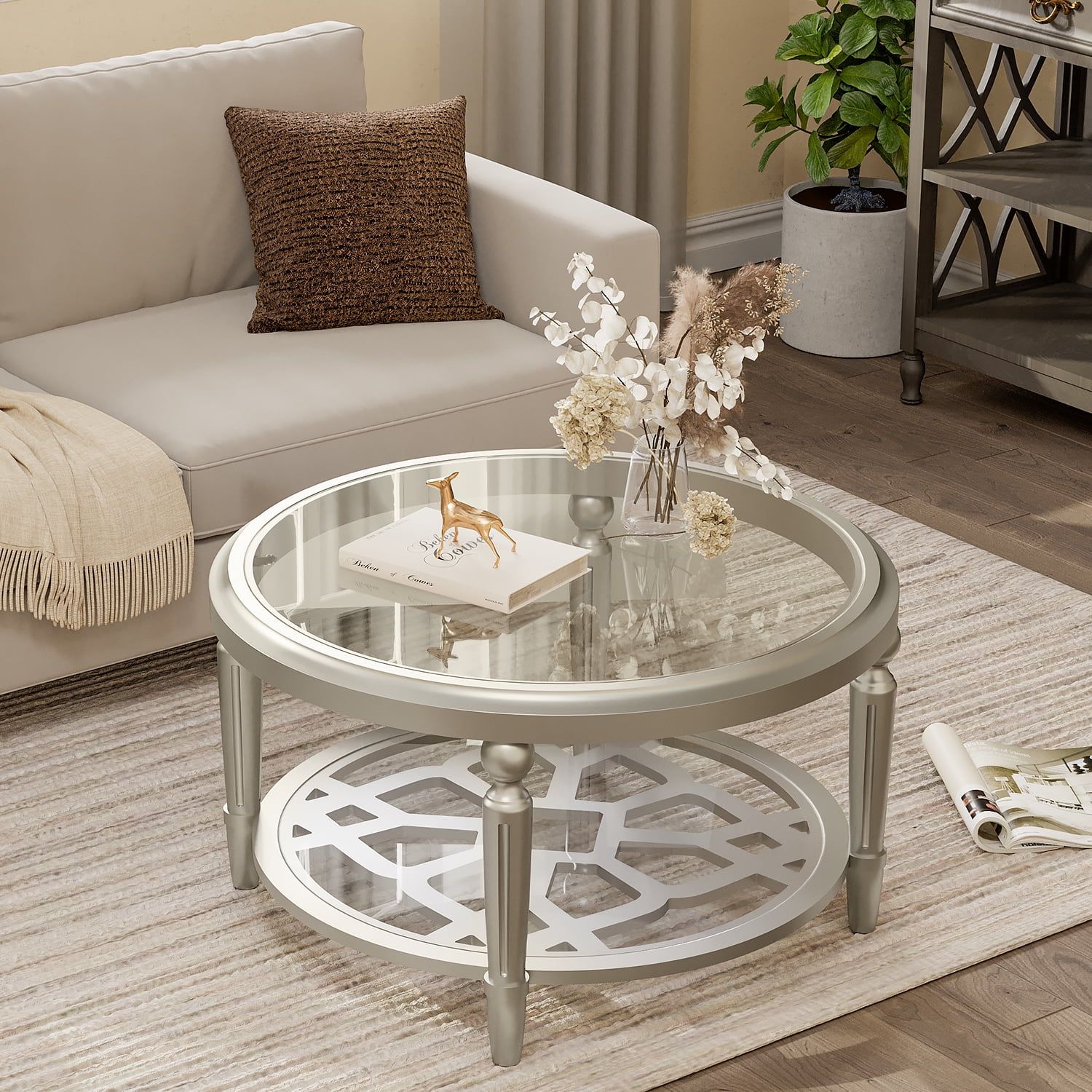 Cosiest Champagne Double Tempered Glass Round Coffee Table – Walmart Within Tempered Glass Coffee Tables (View 9 of 15)