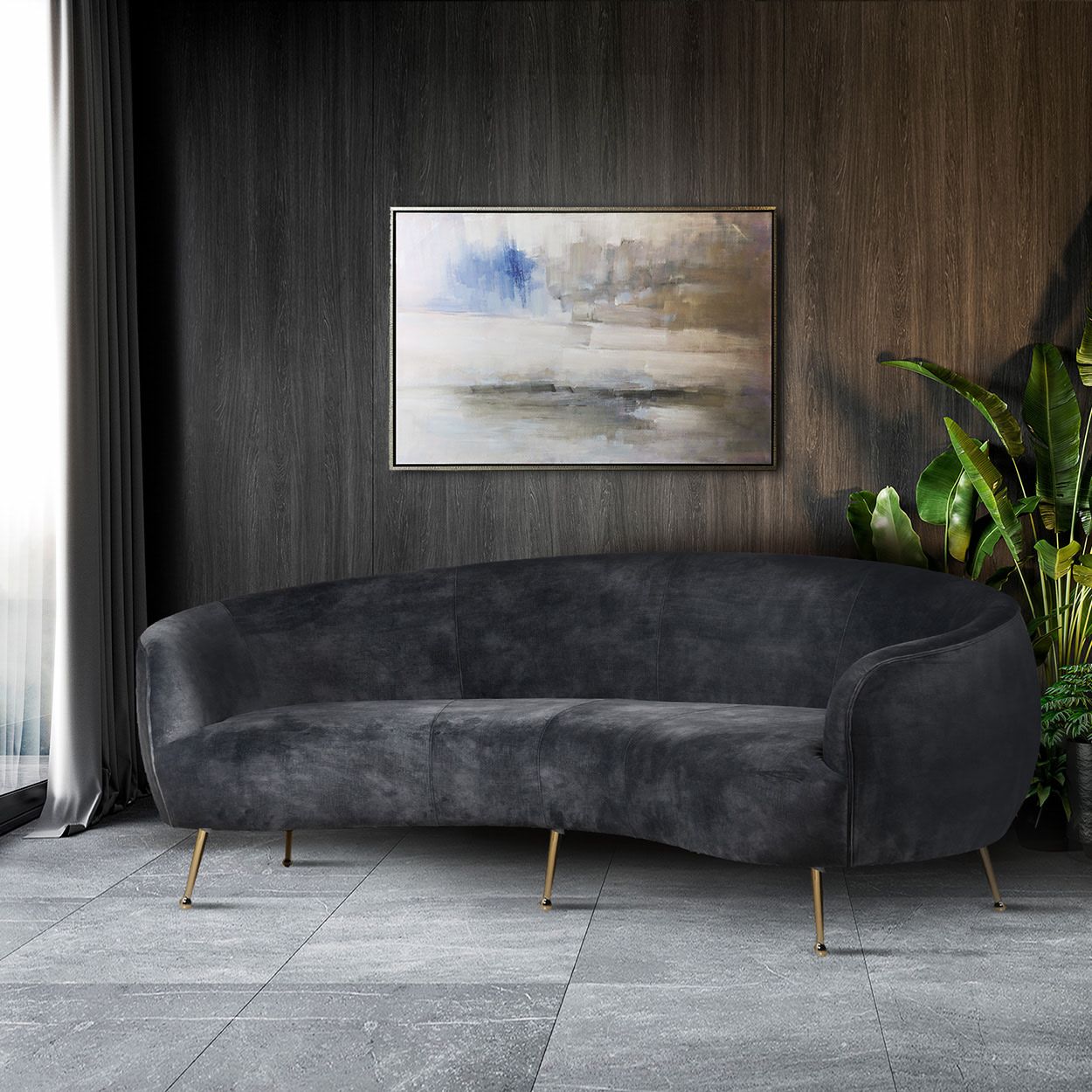 Cosmo Grey Velvet Polyester Curved Sofa With Gold Legs | Nicky Cornell With Dark Grey Polyester Sofa Couches (View 6 of 15)