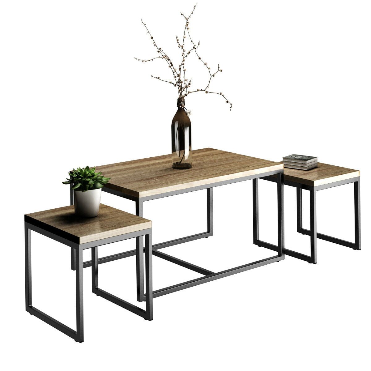 Costway 3 Piece Nesting Coffee & End Table Set Wood Modern Living Room Throughout Coffee Tables Of 3 Nesting Tables (Photo 4 of 15)