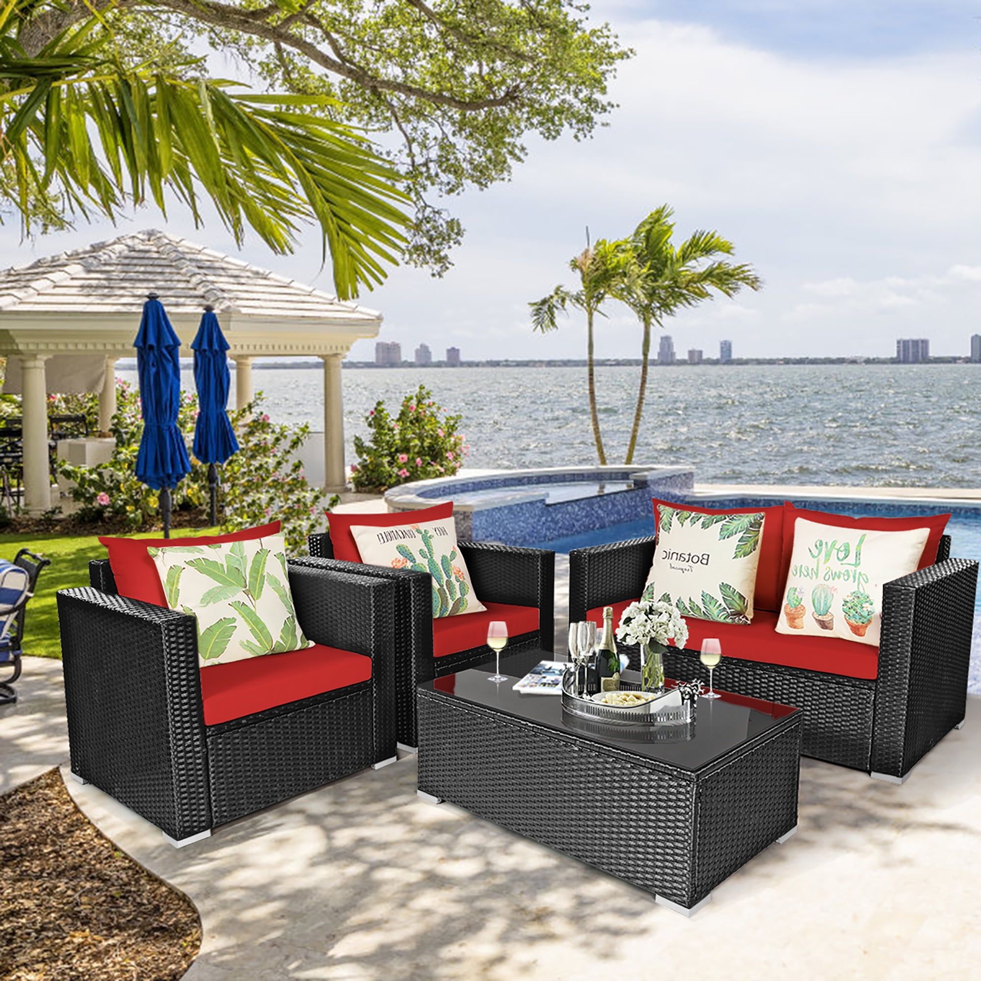 Costway 4pcs Patio Rattan Furniture Set Cushioned Sofa Chair Coffee Inside 4pcs Rattan Patio Coffee Tables (View 5 of 15)