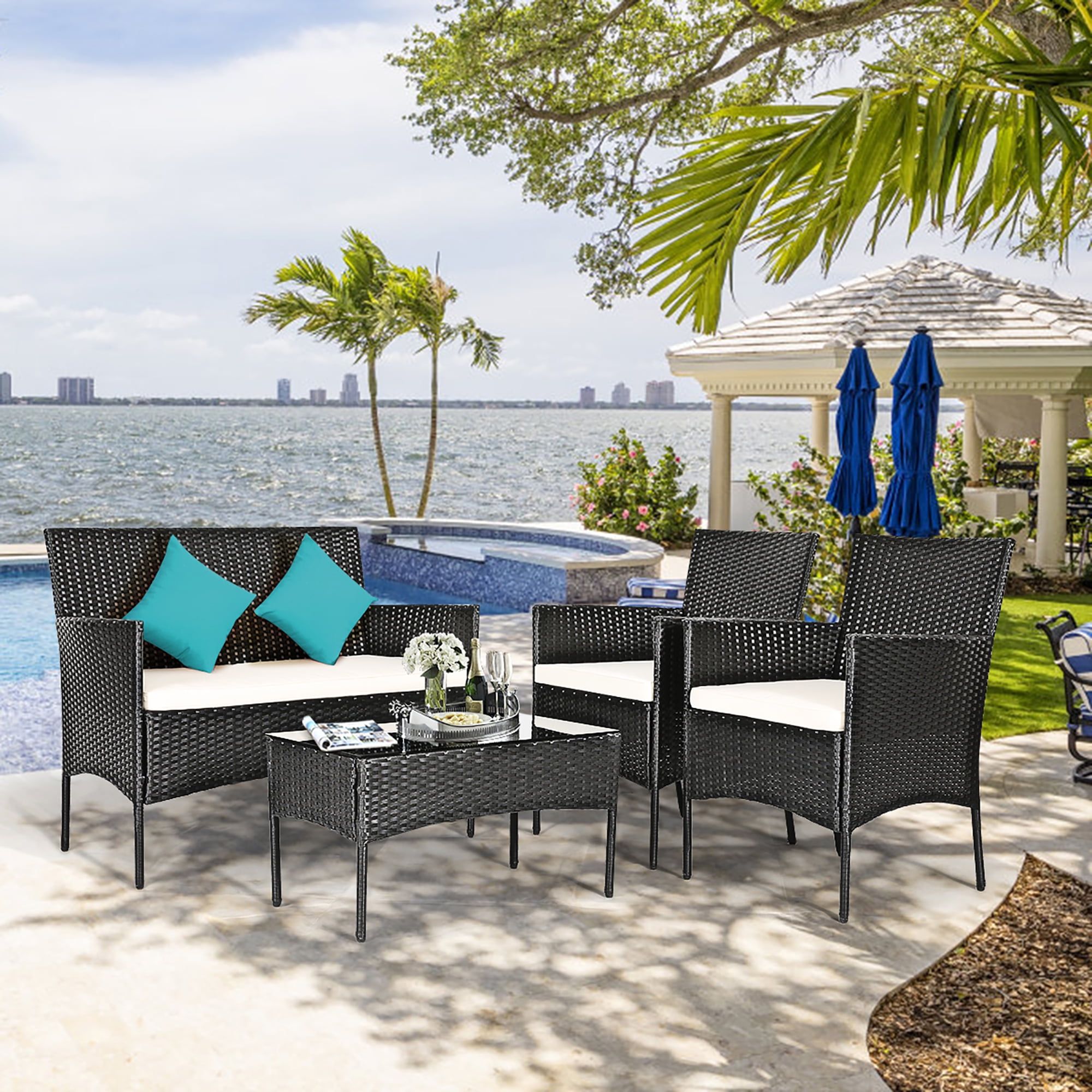 Costway 4pcs Patio Rattan Furniture Set Cushioned Sofa Coffee Table Inside 4pcs Rattan Patio Coffee Tables (View 4 of 15)