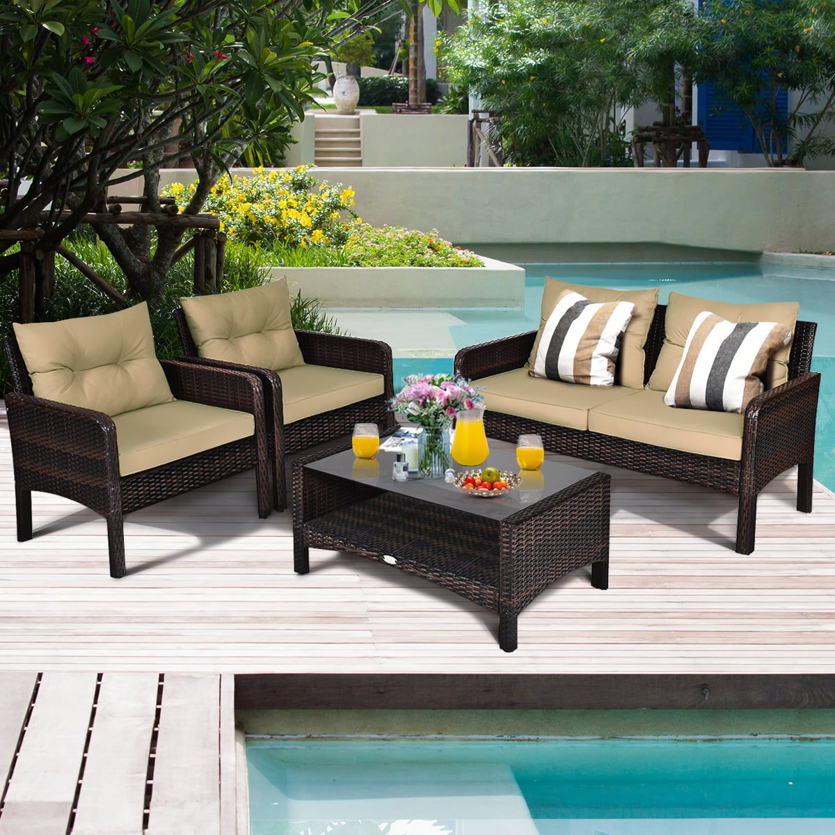 Costway 4pcs Patio Rattan Furniture Set Loveseat Sofa Coffee Table Throughout 4pcs Rattan Patio Coffee Tables (View 7 of 15)
