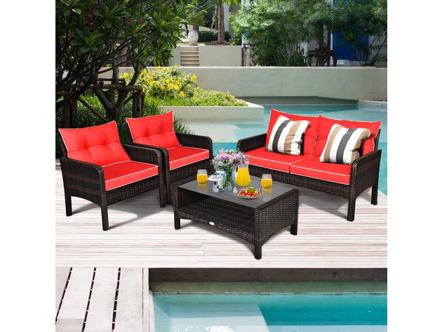 Costway 4pcs Patio Rattan Furniture Set Loveseat Sofa Coffee Table With Regard To 4pcs Rattan Patio Coffee Tables (View 13 of 15)
