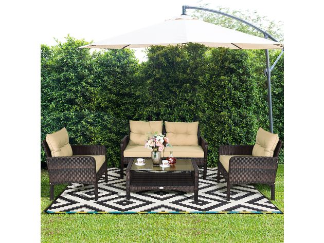 Costway 4pcs Patio Rattan Furniture Set Loveseat Sofa Coffee Table With Regard To 4pcs Rattan Patio Coffee Tables (View 15 of 15)