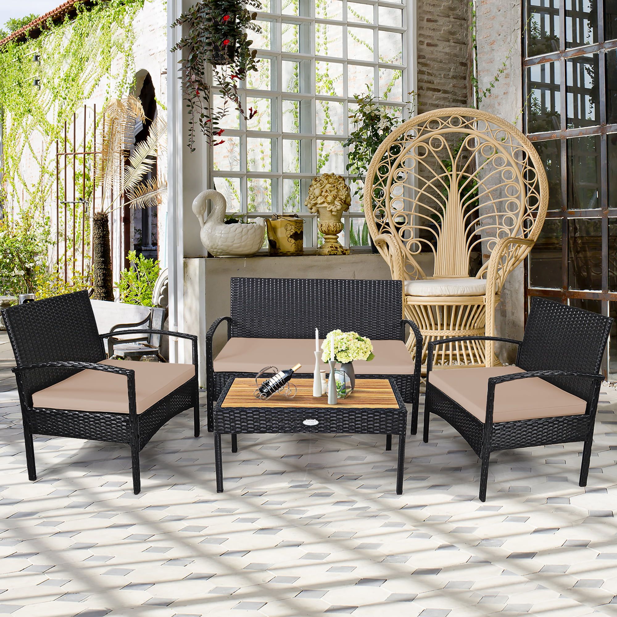 Costway 4pcs Patio Rattan Furniture Set Sofa Chair Coffee Table W With Regard To 4pcs Rattan Patio Coffee Tables (View 6 of 15)