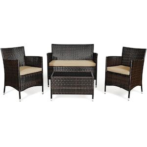 Costway 4pcs Rattan Patio Furniture Set Cushioned Sofa Chair Coffee Intended For 4pcs Rattan Patio Coffee Tables (Photo 14 of 15)