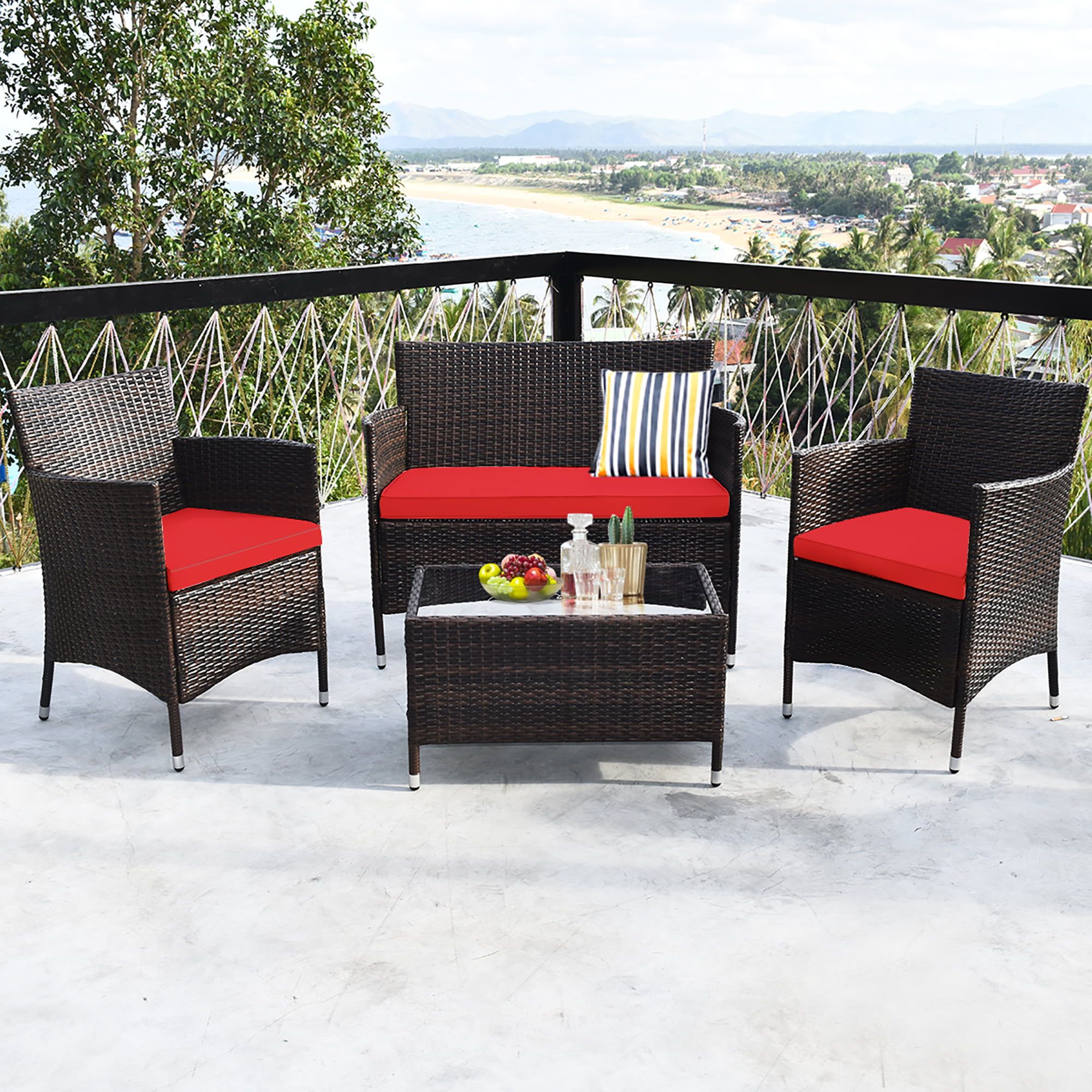 Costway 4pcs Rattan Patio Furniture Set Cushioned Sofa Chair Coffee With Regard To 4pcs Rattan Patio Coffee Tables (Photo 3 of 15)