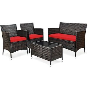 Costway 4pcs Rattan Patio Furniture Set Cushioned Sofa Chair Coffee With Regard To 4pcs Rattan Patio Coffee Tables (Photo 11 of 15)