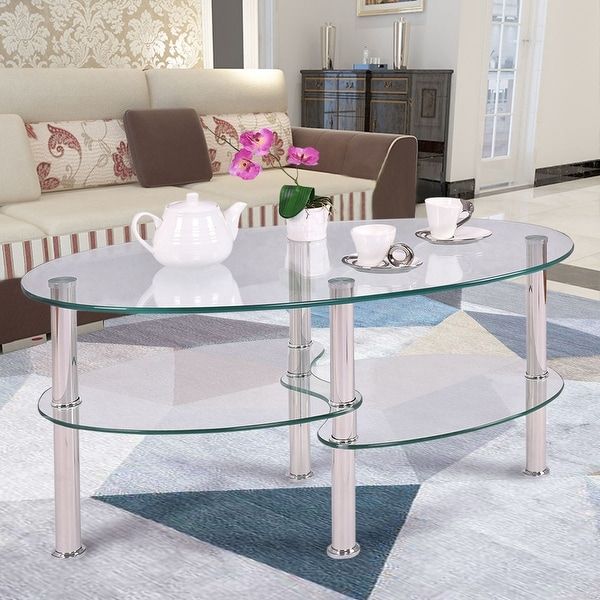 Costway Tempered Glass Oval Side Coffee Table Shelf Chrome Base Living In Tempered Glass Oval Side Tables (View 5 of 15)