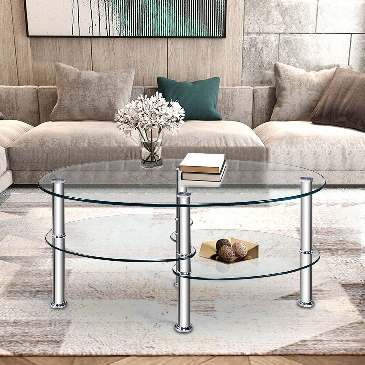 Costway Tempered Glass Oval Side Coffee Table Shelf Chrome Base Living Intended For Tempered Glass Coffee Tables (View 4 of 15)