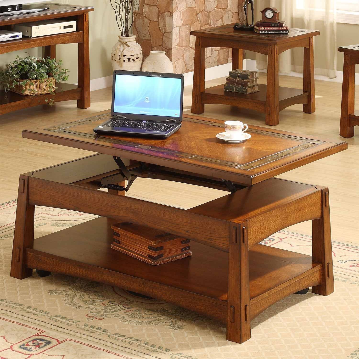 Craftsman Home Wood Lift Top Rectangular Coffee Table In Americana Oak Throughout Wood Lift Top Coffee Tables (View 15 of 15)