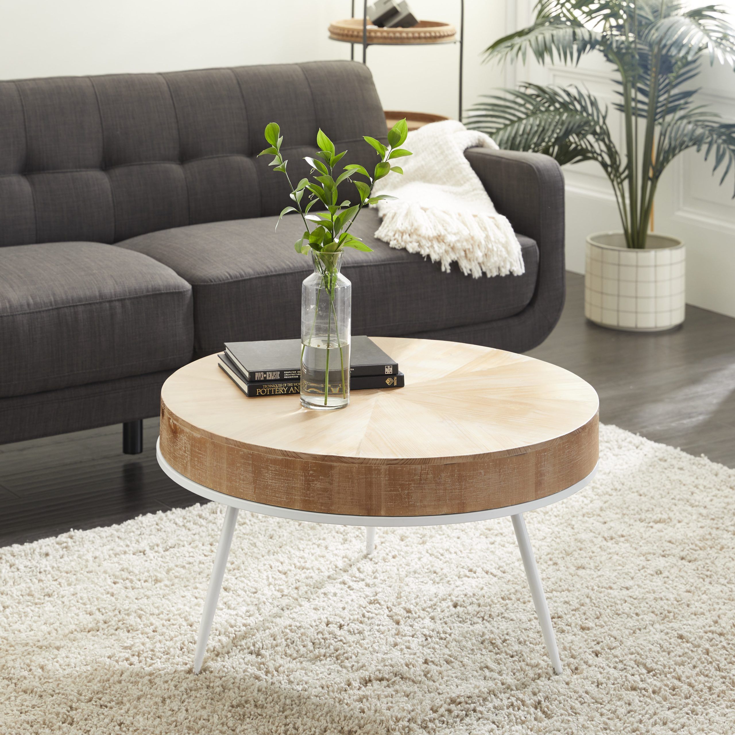 Decmode Round Natural Wood Top Coffee Table With Distressed White Metal For Coffee Tables With Round Wooden Tops (Photo 1 of 15)