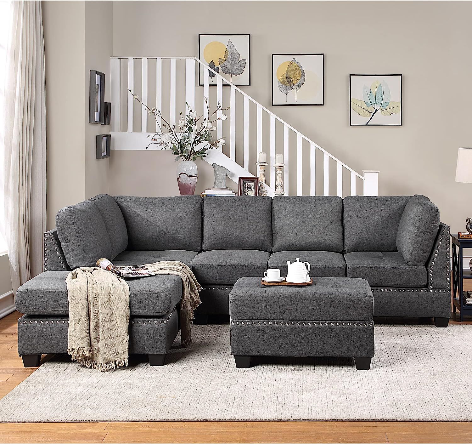 Dhhu Fine Sectional, Reversible Chaise, L Shaped Couch Sofa With Ottoman  For Living Room, Apartment, Office, Gray, Black Funiture Sets –  Chpstampsonus Within L Shape Couches With Reversible Chaises (View 15 of 15)