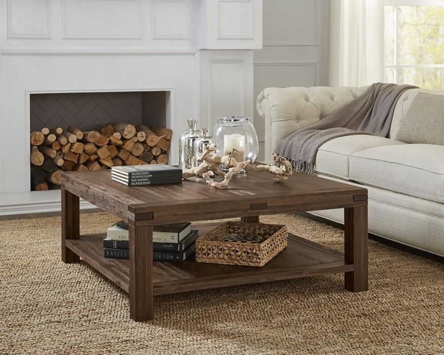 Distressed Rustic Modern Natural Solid Acacia Wood Square Coffee Table Throughout Brown Rustic Coffee Tables (Photo 6 of 15)