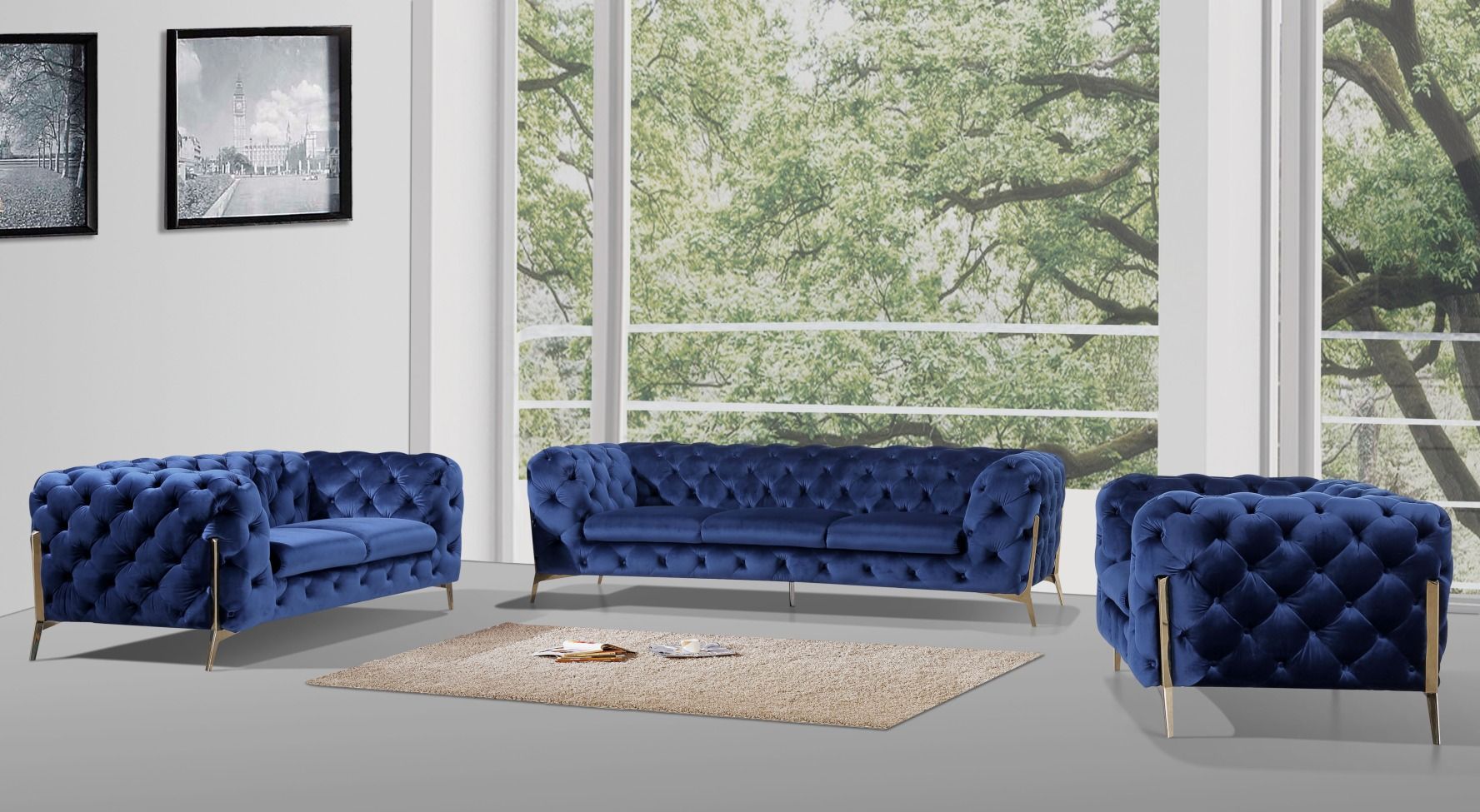 Divani Casa Quincey – Transitional Blue Velvet Sofa Set Intended For Sofas In Blue (View 15 of 15)