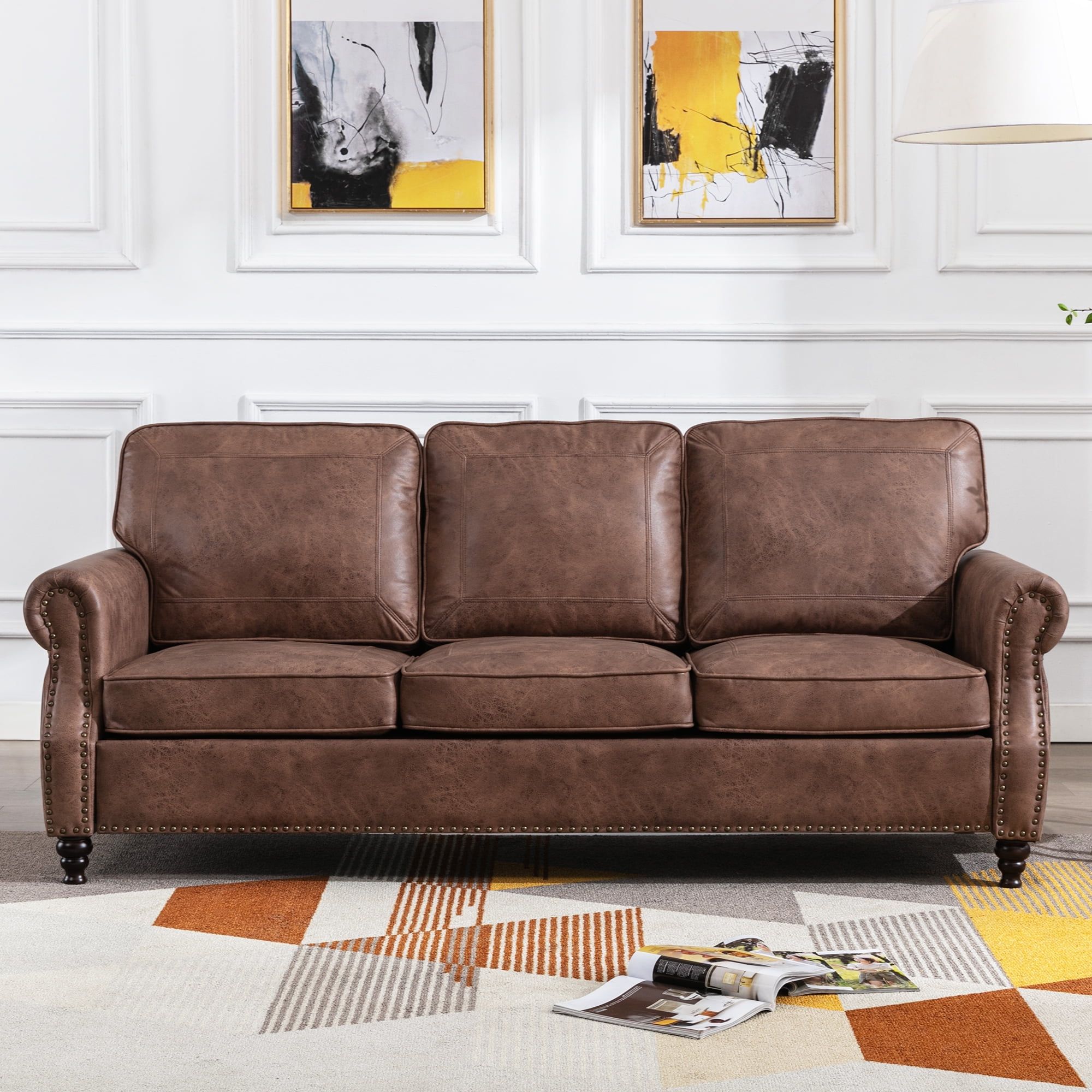 Dreamsir 80" Faux Leather Sofa Couch – Traditional 3 Seater With Nailhead  Trim, Rolled Arms, And Easy Assembly (dark Brown) – Walmart Intended For Traditional 3 Seater Sofas (Photo 1 of 15)
