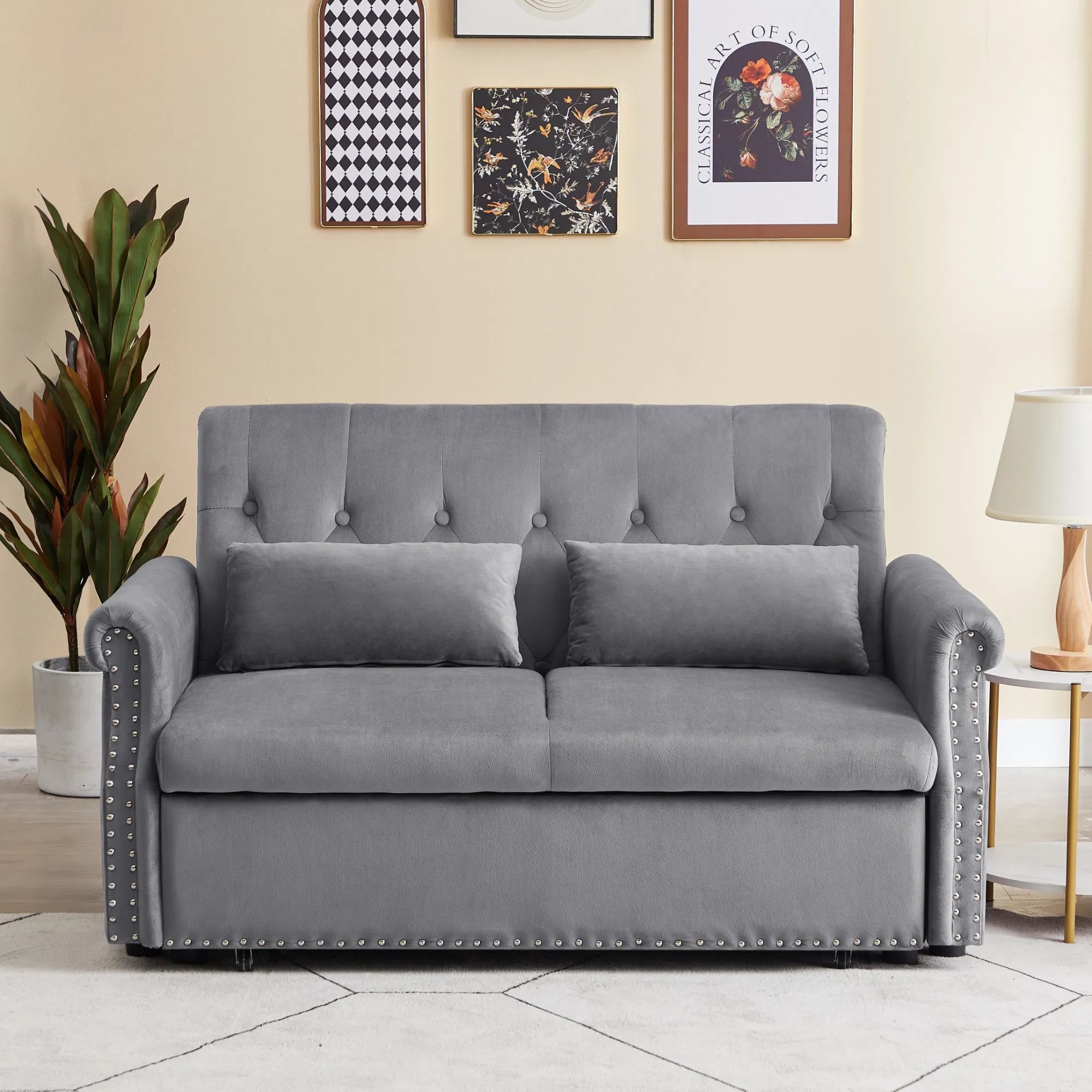 Dropship Artemax 55'' Modern Shiny Velvet Convertible Loveseat Sleeper Sofa  Couch W/ 2 Lumbar Pillows, Adjustable Pull Out Bed And Removable Armrest  For Nursery, Living Room, Apartment, Home Office To Sell Online At For Convertible Gray Loveseat Sleepers (Photo 11 of 15)