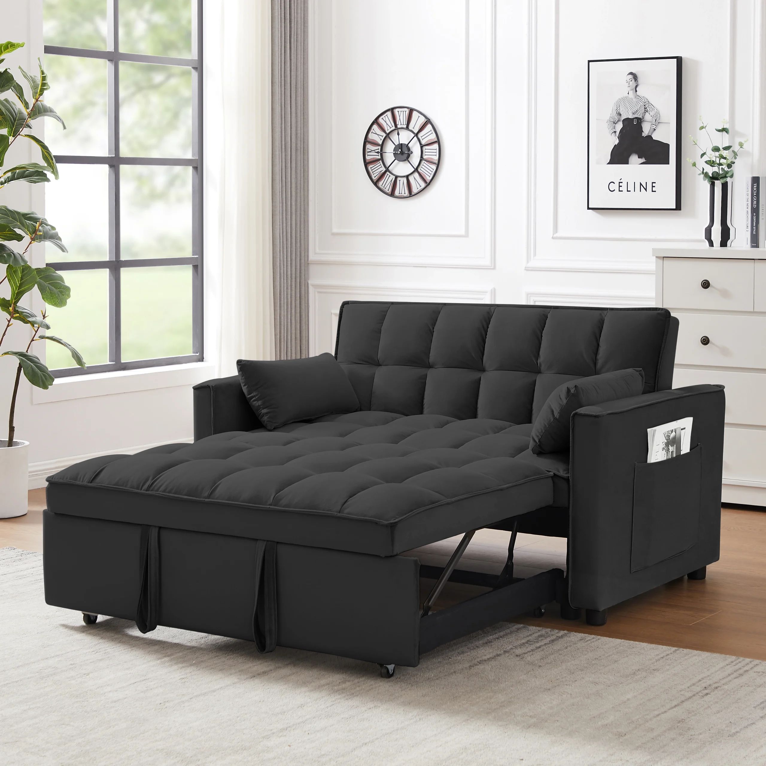 Dropship Modern Velvet Loveseat Futon Sofa Couch W/pullout Bed, Small Love  Seat Lounge Sofa W/reclining Backrest, Toss Pillows, Pockets, Furniture For  Living Room,3 In 1 Convertible Sleeper Sofa Bed, Black To Sell Within Small Love Seats In Velvet (Photo 13 of 15)