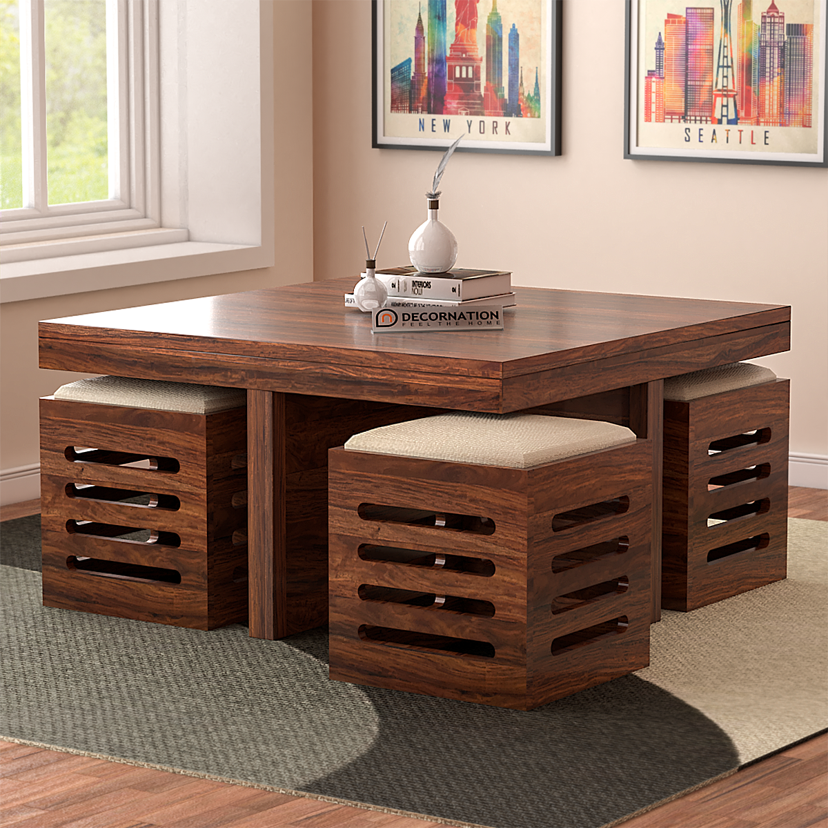 Edinburgh Solid Wood Coffee Table With 4 Cubical Stools – Natural Regarding Coffee Tables For 4 6 People (View 11 of 15)