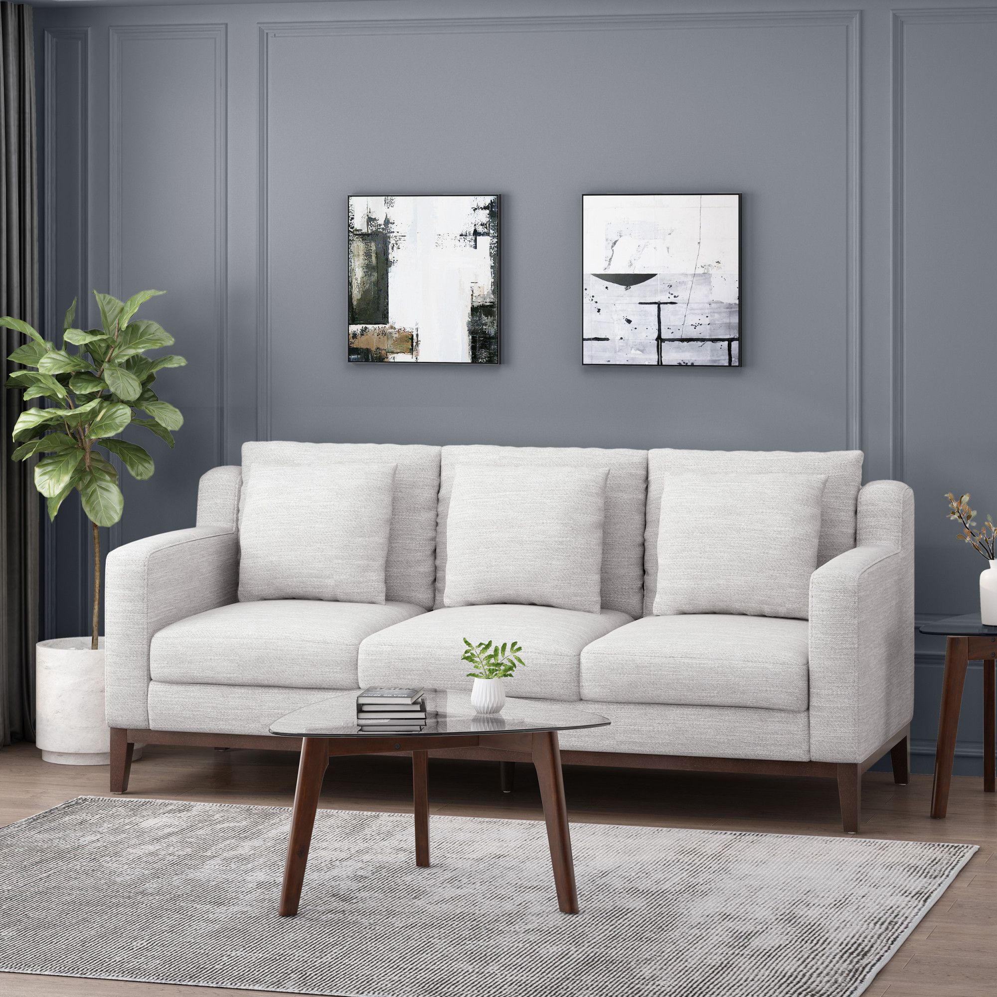 Elliston Contemporary Fabric 3 Seater Sofa With Accent Pillows, Light Gray  And Dark Walnut In Light Gray/dark Walnutnoble House Inside Modern 3 Seater Sofas (View 15 of 15)