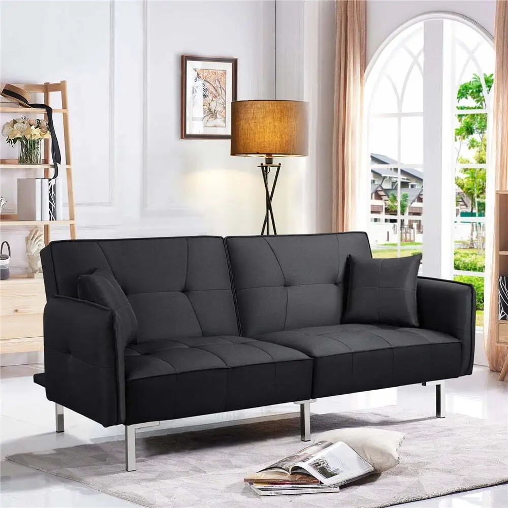 Fabric Covered Futon Sofa Bed With Adjustable Backrest Ergonomic Plush  Armrests | Ebay Throughout Adjustable Backrest Futon Sofa Beds (View 2 of 15)