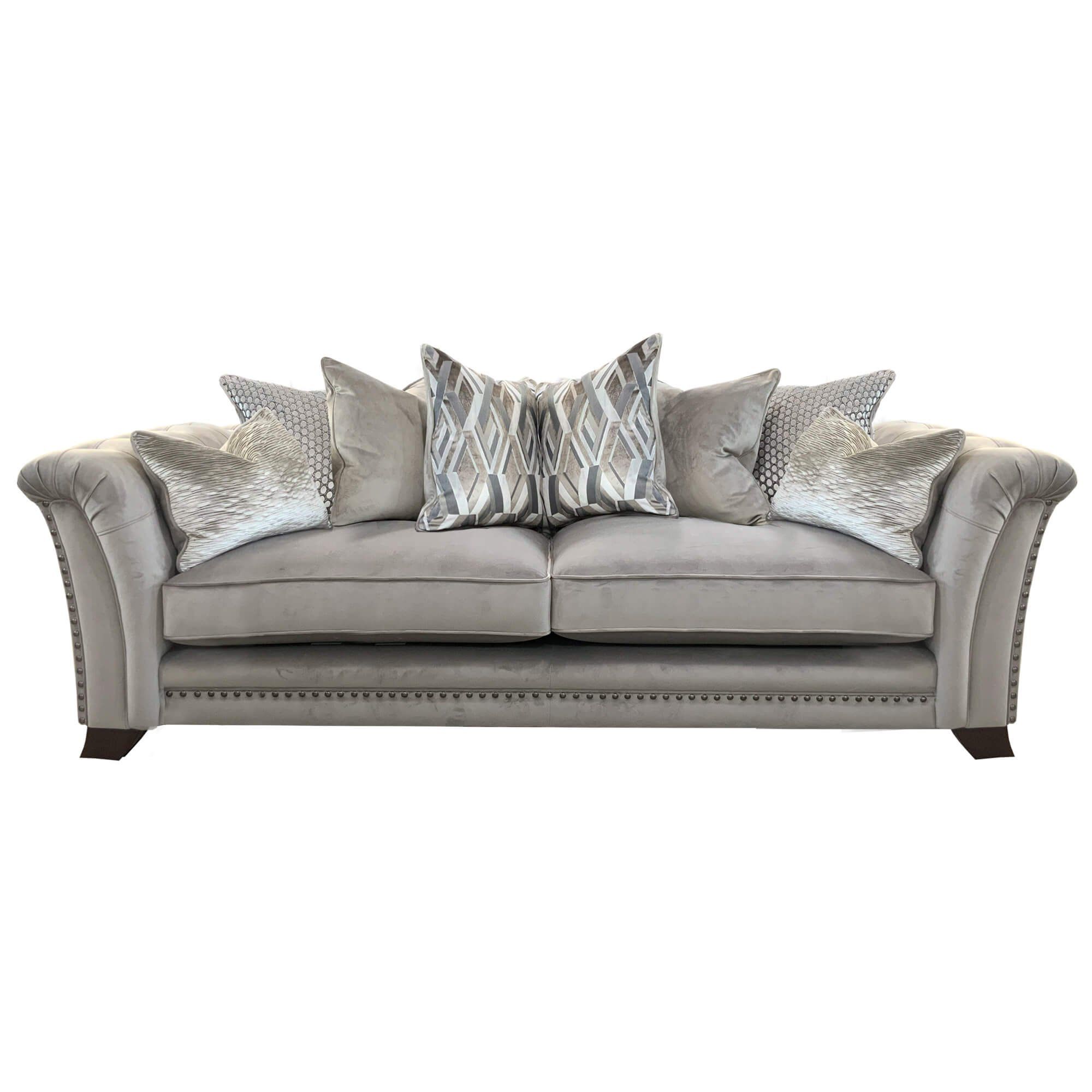 Fairfield Silver Velvet Pillow Back 4 Seater Split Sofa Throughout Sofas With Pillowback Wood Bases (View 10 of 15)