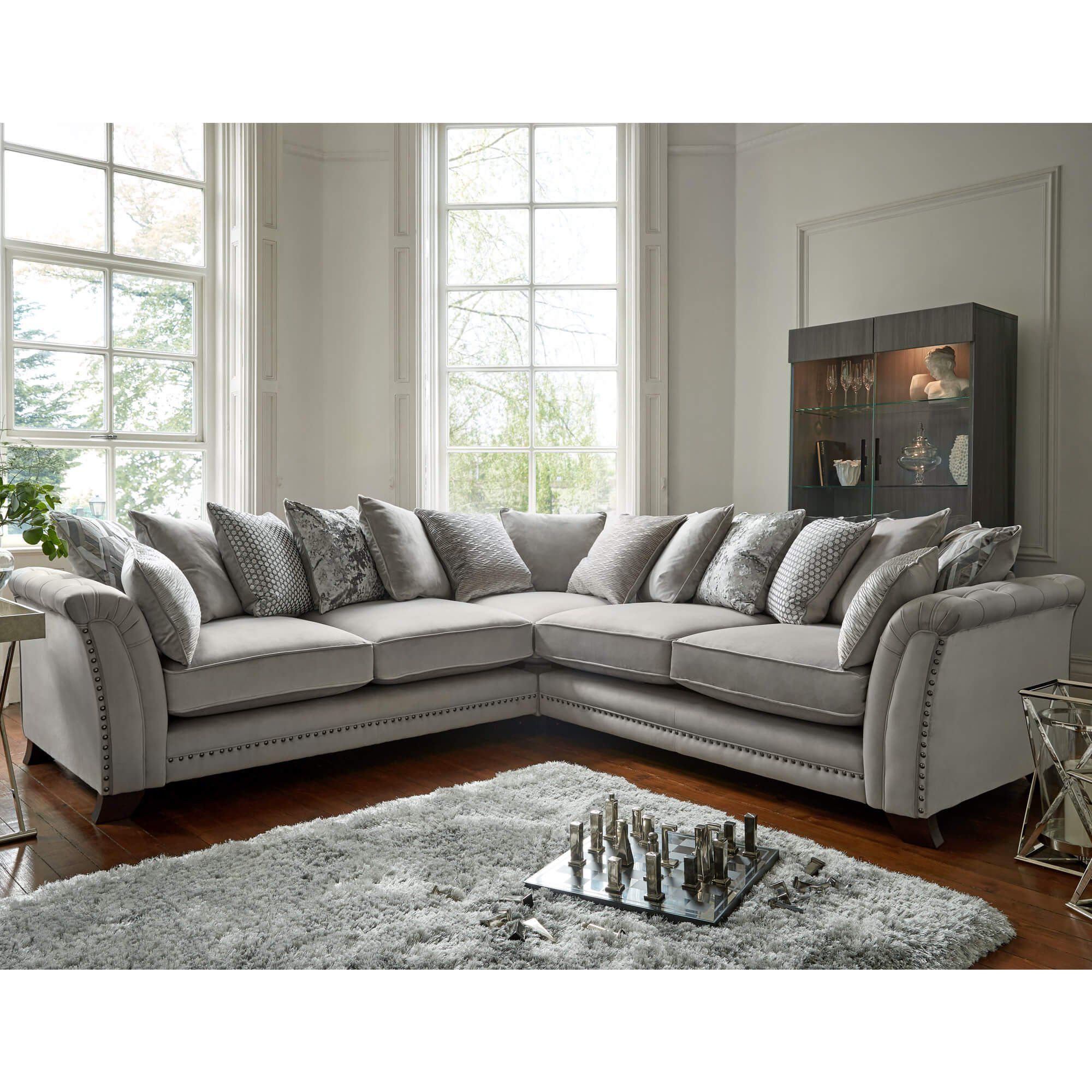 Fairfield Silver Velvet Pillow Back Sofa Collection For Sofas With Pillowback Wood Bases (Photo 8 of 15)