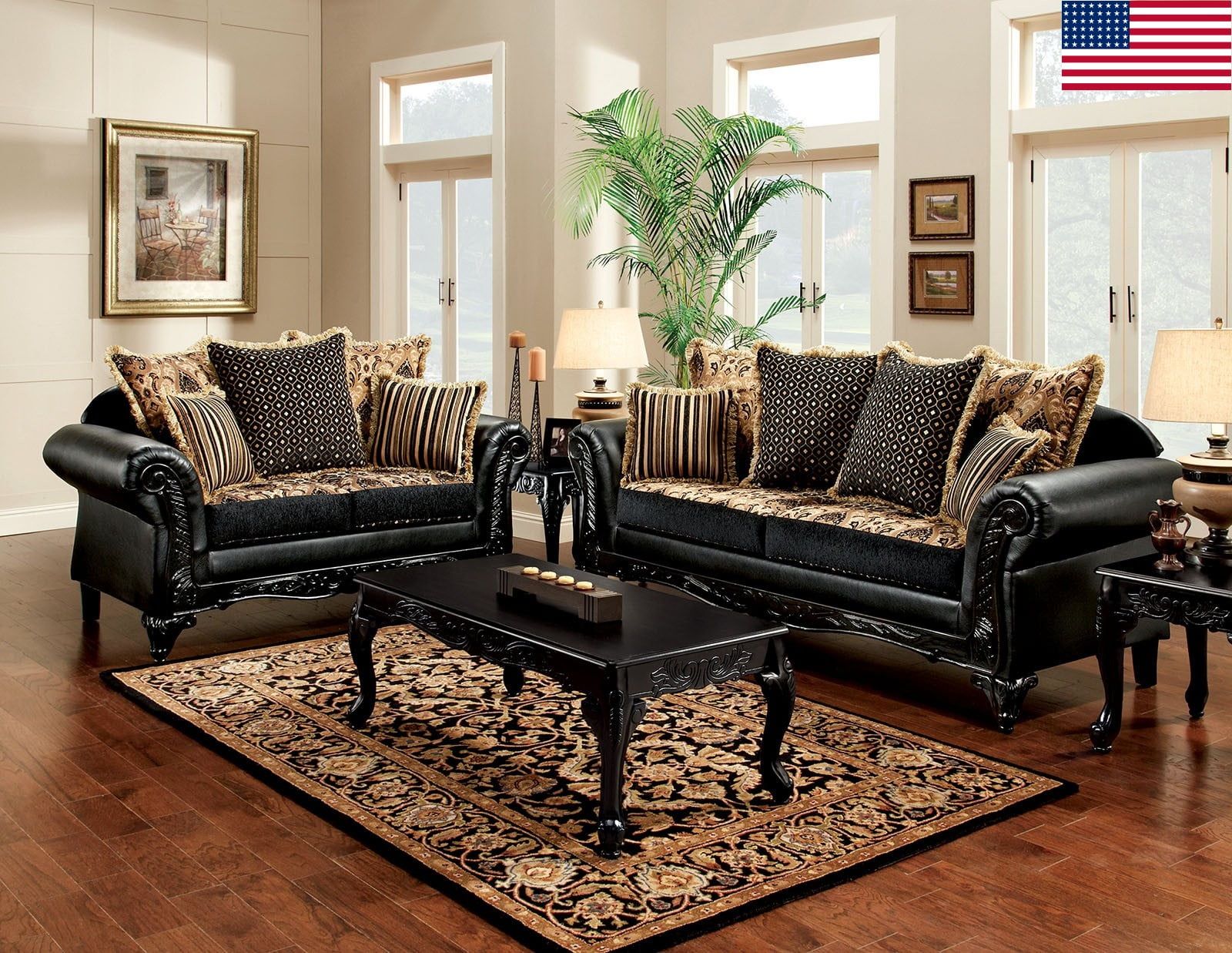 Formal Traditional Living Room Sofa Loveseat Black Couch Pillows Chenille  Fabric Antique Rolled Arms Wood Trim Usa – Walmart Within Traditional Black Fabric Sofas (Photo 8 of 15)