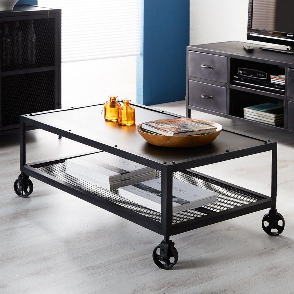 Fritz Industrial Style Black Metal Coffee Table With Wheels | Ohi Inside Studio 350 Black Metal Coffee Tables (View 5 of 15)