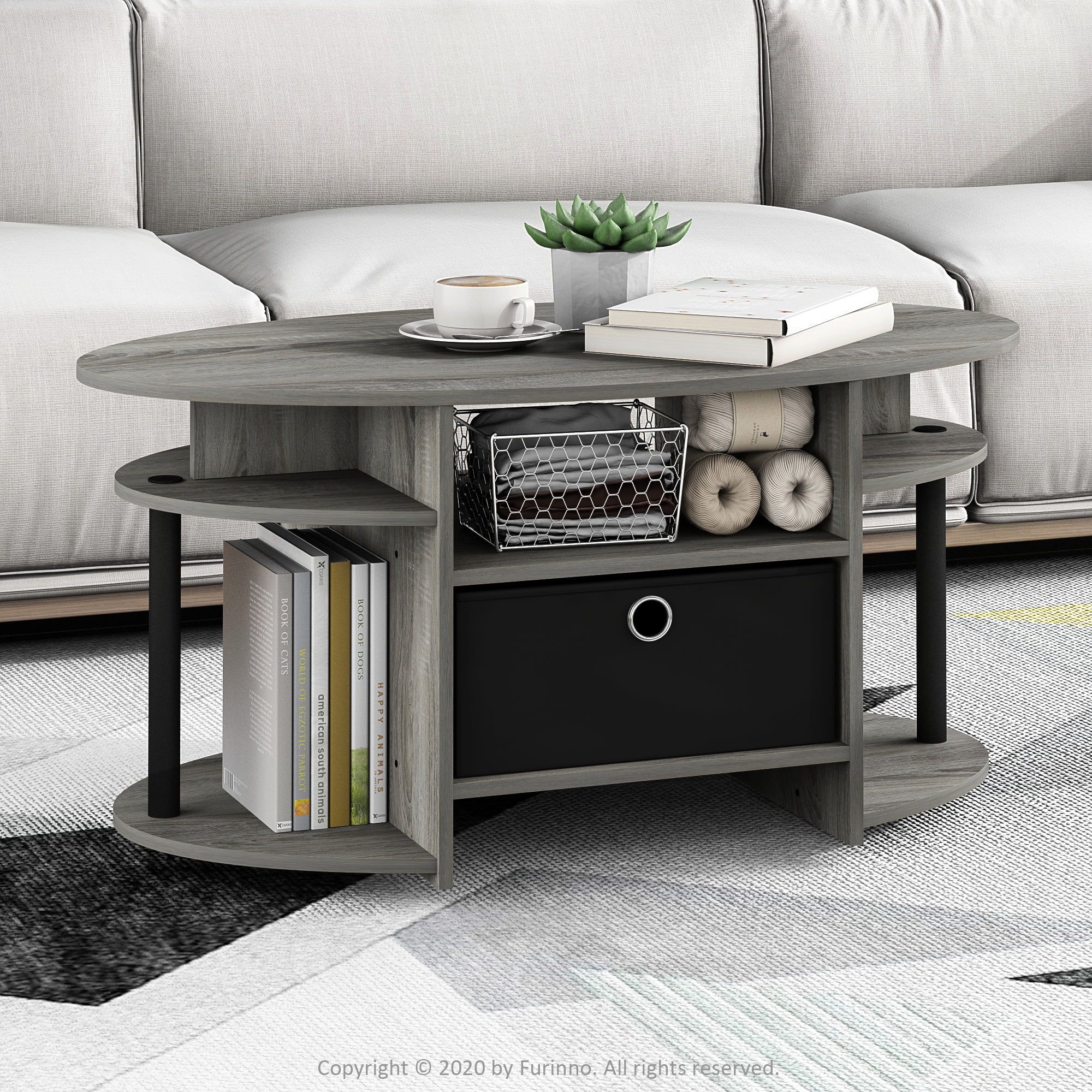 Furinno Jaya Simple Design Oval Coffee Table With Bin, French Oak Grey Regarding Simple Design Coffee Tables (View 8 of 15)