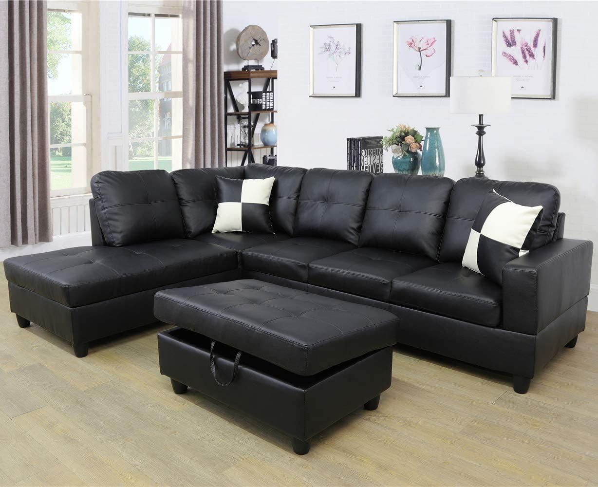 Gcf Faux Leather 3 Piece Sectional Sofa Couch Set, L Shaped Modern Sofa  With Chaise Storage Ottoman And Pillows For Living Room Furniture, Left  Hand Facing Sectional Sofa Set Black – Walmart In 3 Piece Leather Sectional Sofa Sets (View 3 of 15)