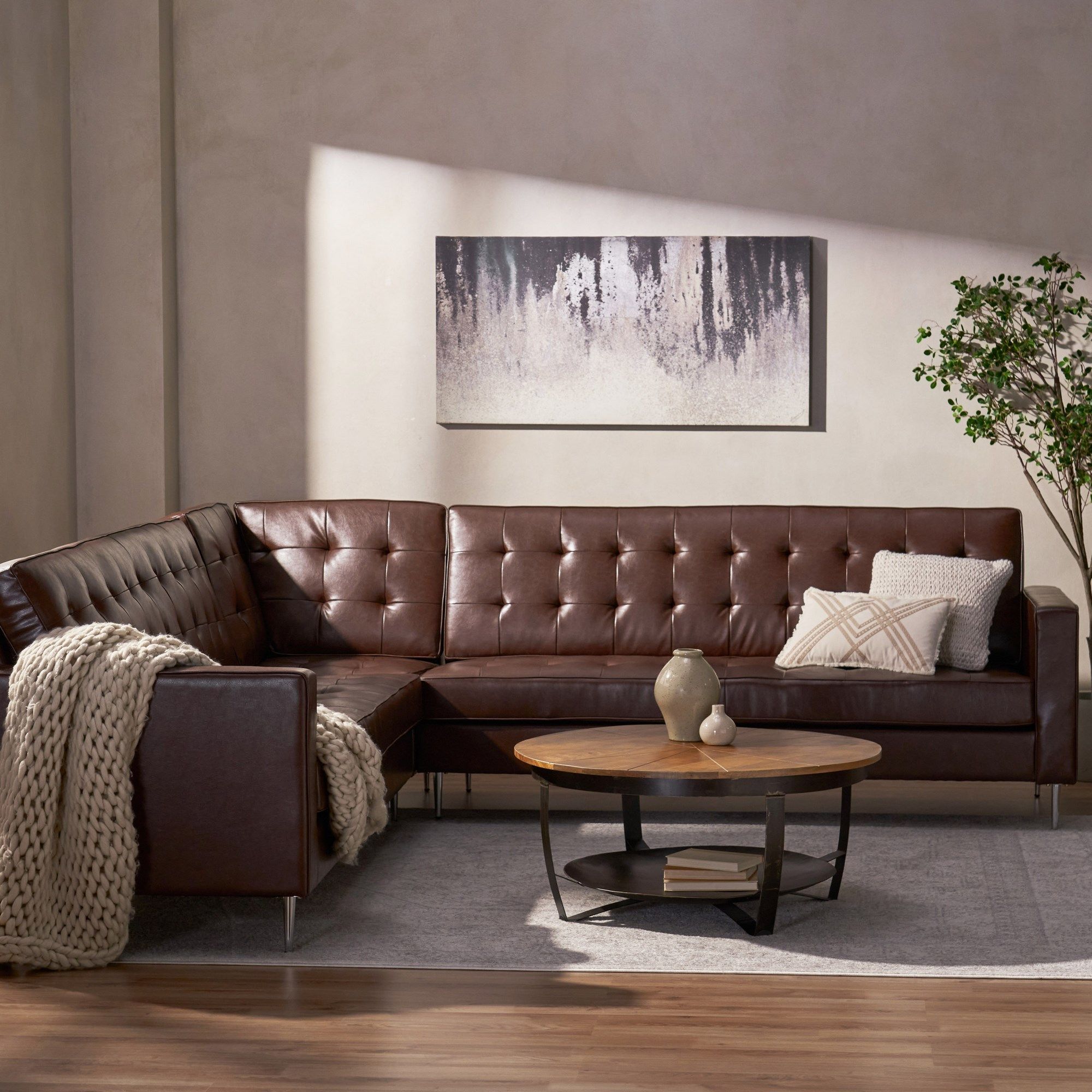 Gebo Contemporary Faux Leather Tufted 5 Seater Sectional Sofa Set, Dark  Brown And Chrome With Faux Leather Sectional Sofa Sets (View 5 of 15)