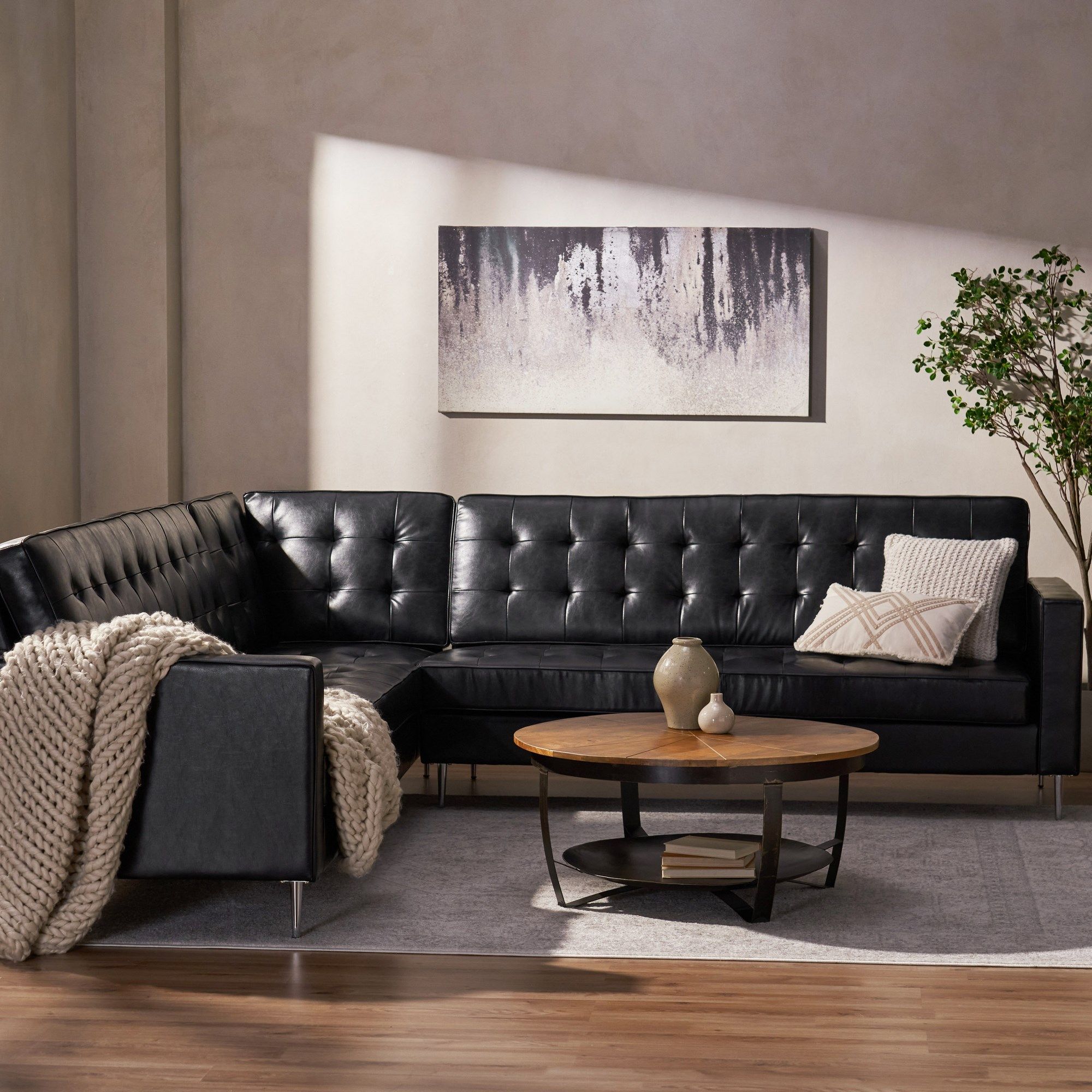 Gebo Contemporary Faux Leather Tufted 5 Seater Sectional Sofa Set, Midnight  Black And Chrome Pertaining To Faux Leather Sectional Sofa Sets (View 10 of 15)