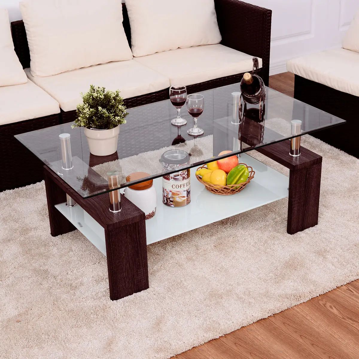 Giantex Rectangular Tempered Glass Coffee Table With Storage Shelf Regarding Wood Tempered Glass Top Coffee Tables (Photo 1 of 15)