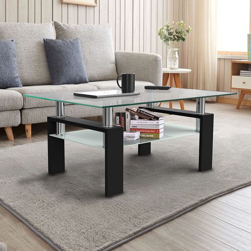 Glass Coffee Table With 2 Tier Tempered Glass Boards, Sturdy Modern Within Glass Coffee Tables With Lower Shelves (View 4 of 15)