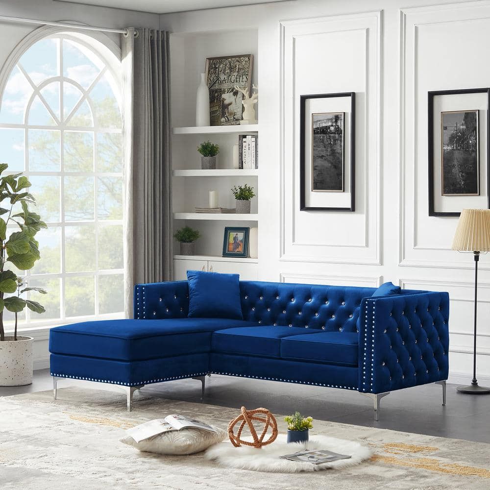 Gojane 82.3 In. W Square Arm 2 Piece Velvet L Shaped Sectional Sofa In Blue  With Jeweled Buttons W1117s00011lwy – The Home Depot Regarding Sofas In Blue (Photo 4 of 15)