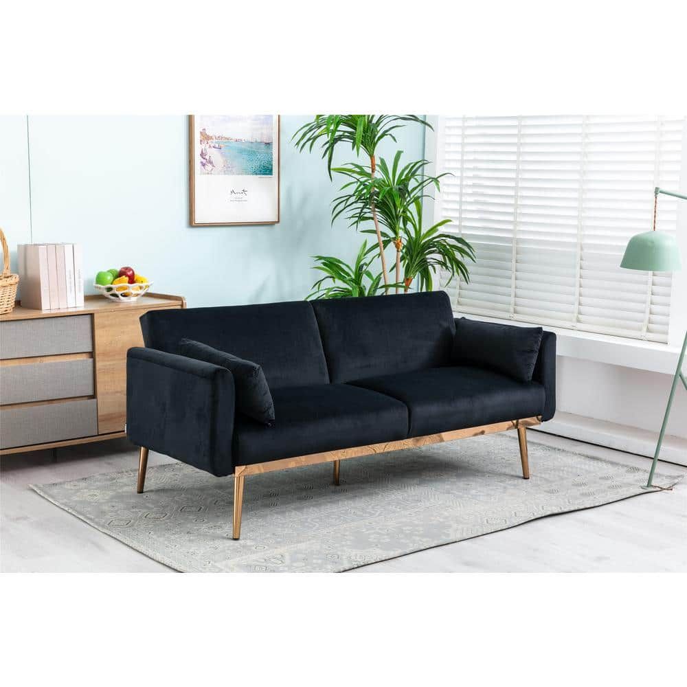Gosalmon 68.5 In. Wide Black Velvet Twin Size Sofa Bed, Loveseat With Metal  Feet W39536203nyy – The Home Depot Inside Black Velvet 2 Seater Sofa Beds (Photo 6 of 15)